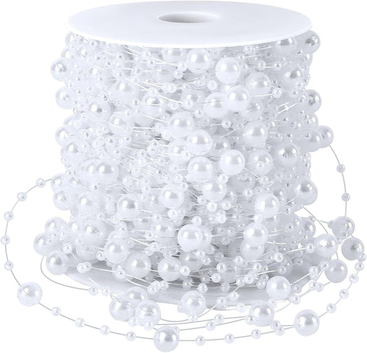 JULBEAR Beads Garland Decoration,1Rolls 131Feet White Christmas Pearl Strands Chain Bead Garland for Christmas Tree Fireplace Wreath Gift Bouquet Crafts Wrapping Wedding Party Centerpieces Decoration