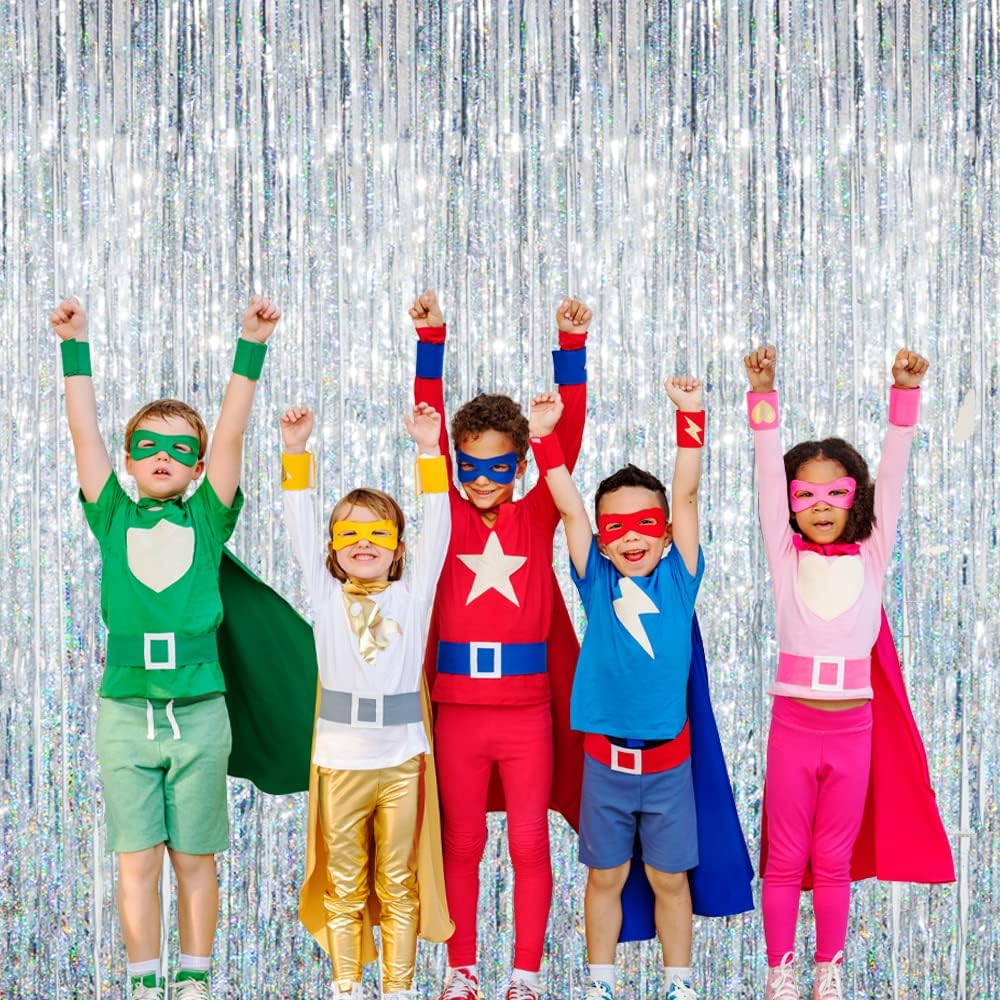 GOER 3.2 ft x 8.2 ft Metallic Tinsel Foil Fringe Curtains Party Photo Backdrop Party Streamers for Birthday,Graduation,New Year Eve Decorations Wedding Decor (5 Packs,Shiny Silver)