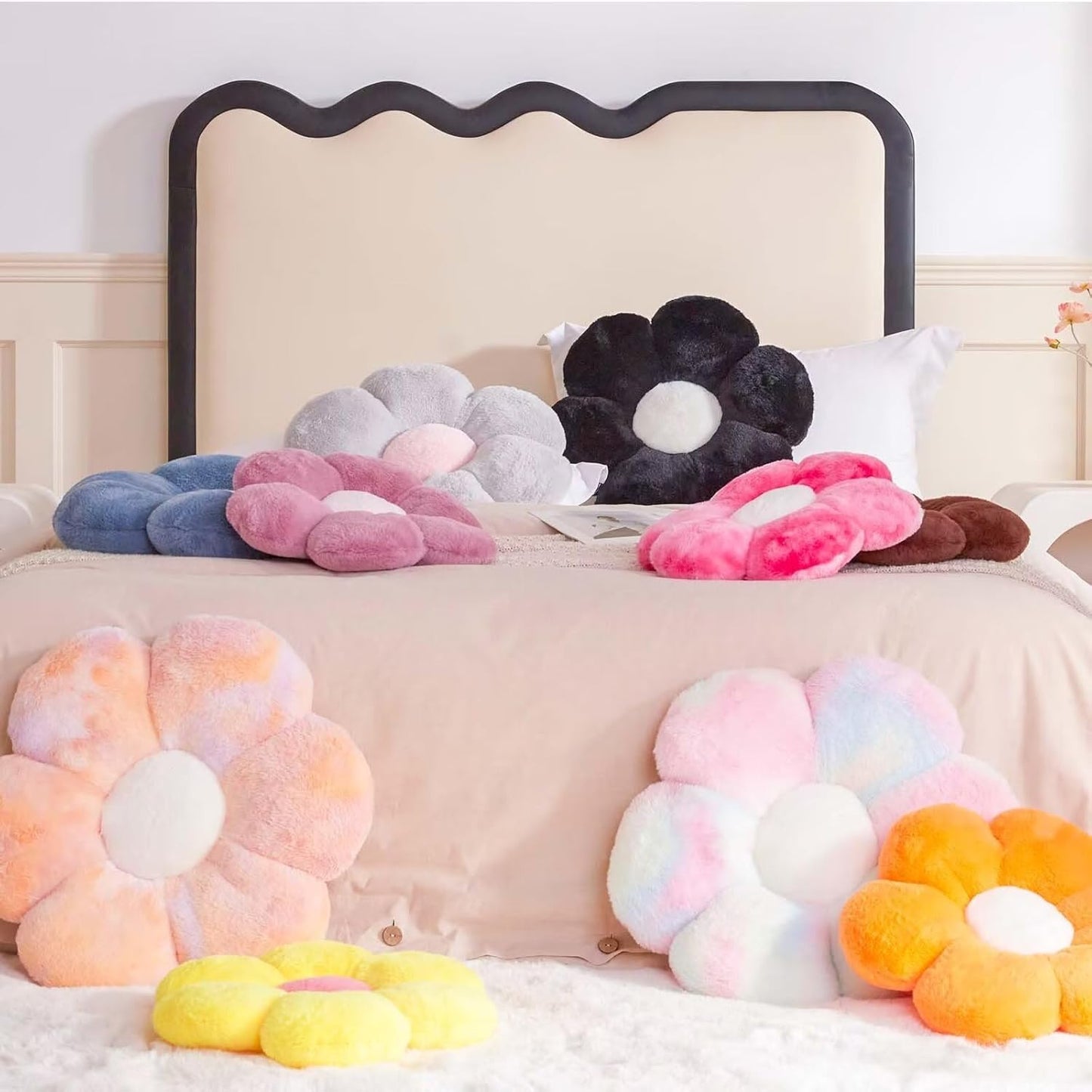 Brown Flower Pillow, Cute Decorative Flower Shaped Throw Pillow with Faux Rabbit Fur, 14.9" Soft Flower Plush Throw Pillow Floor Pillows Room Décor for Bedroom Living Room