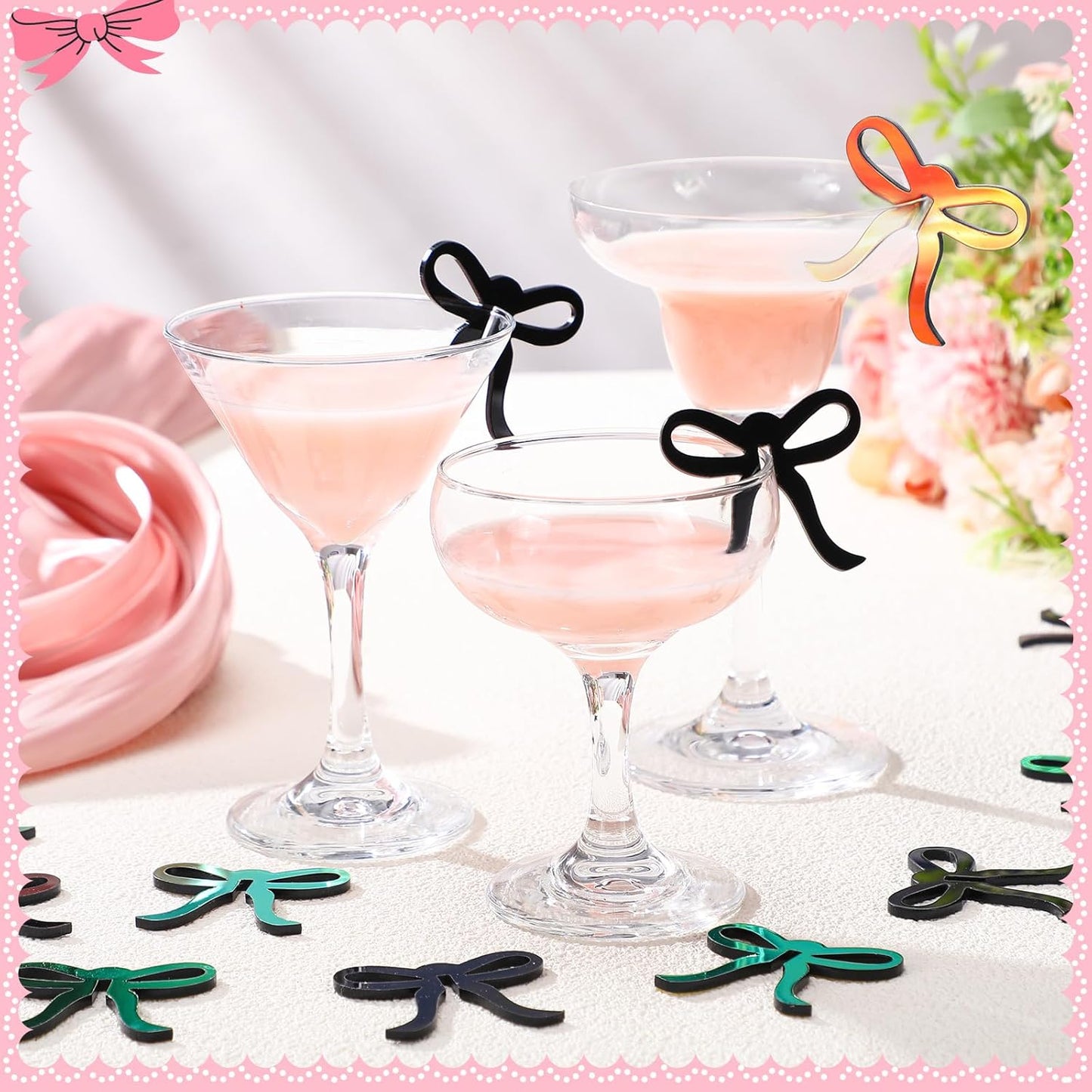 36 Pcs Bow Drink Markers Acrylic Drink Tags Bowknot Wine Glass Charms for Bachelorette Coquette Birthday Cocktail Wedding Decoration Bridal Shower Party Favors