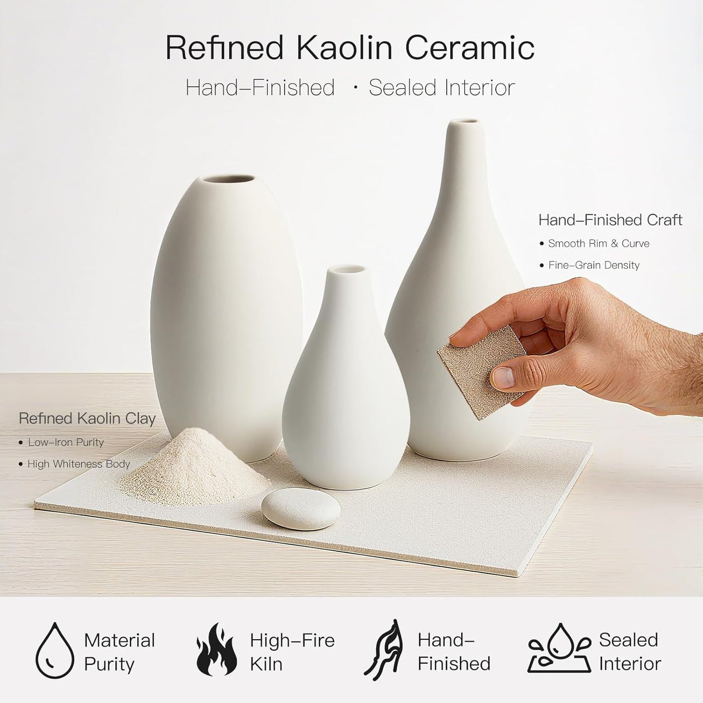 BEAHOT Ceramic Vases Set of 6, White Contemporary Decorative Flower Vases, Modern Design for Living Room