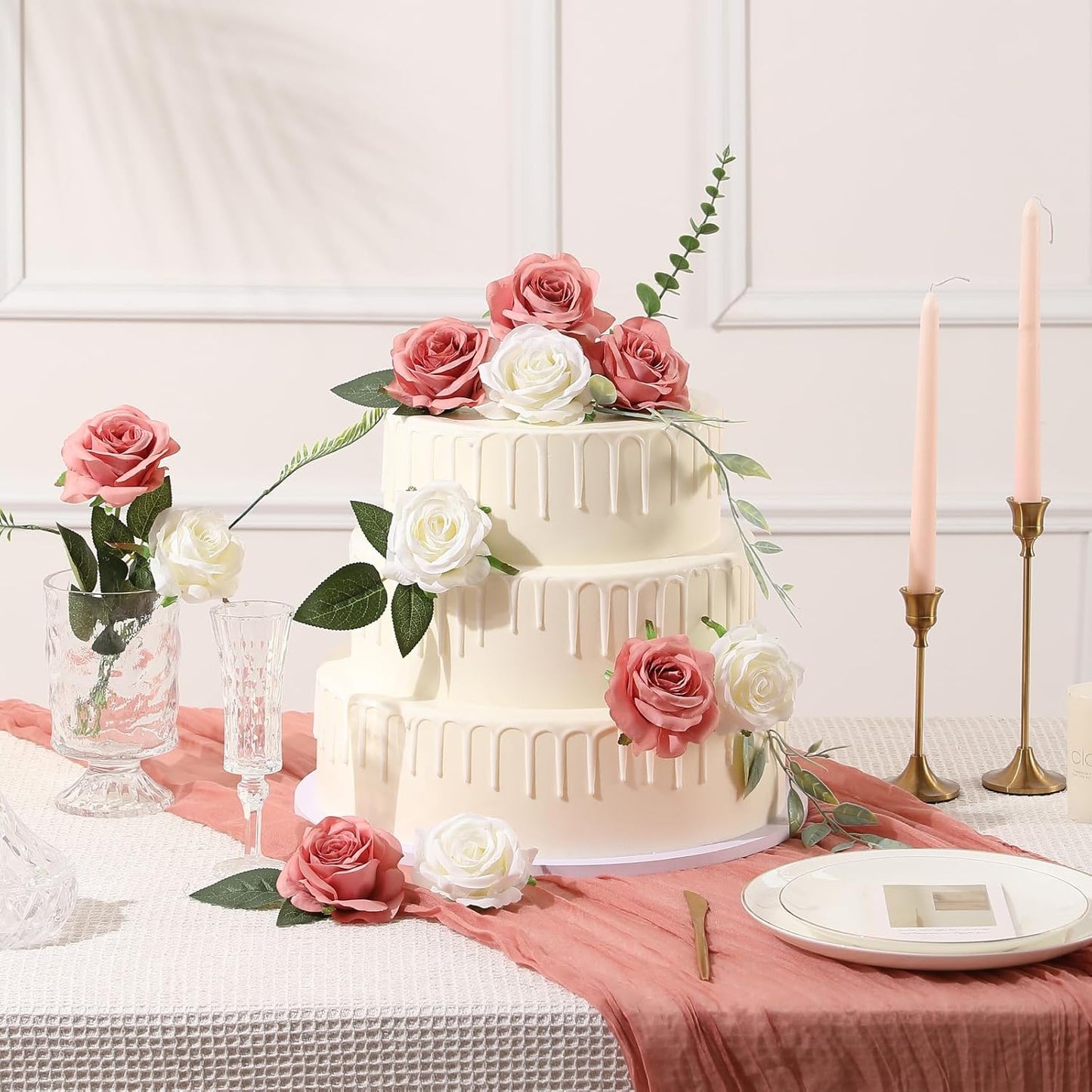 Tifuly Dusty Pink Roses Artificial Flowers -12 Pcs Long Stem Silk Roses, Realistic Fake Roses with Stems for Bridal Bouquets, Home and Office DIY Decor