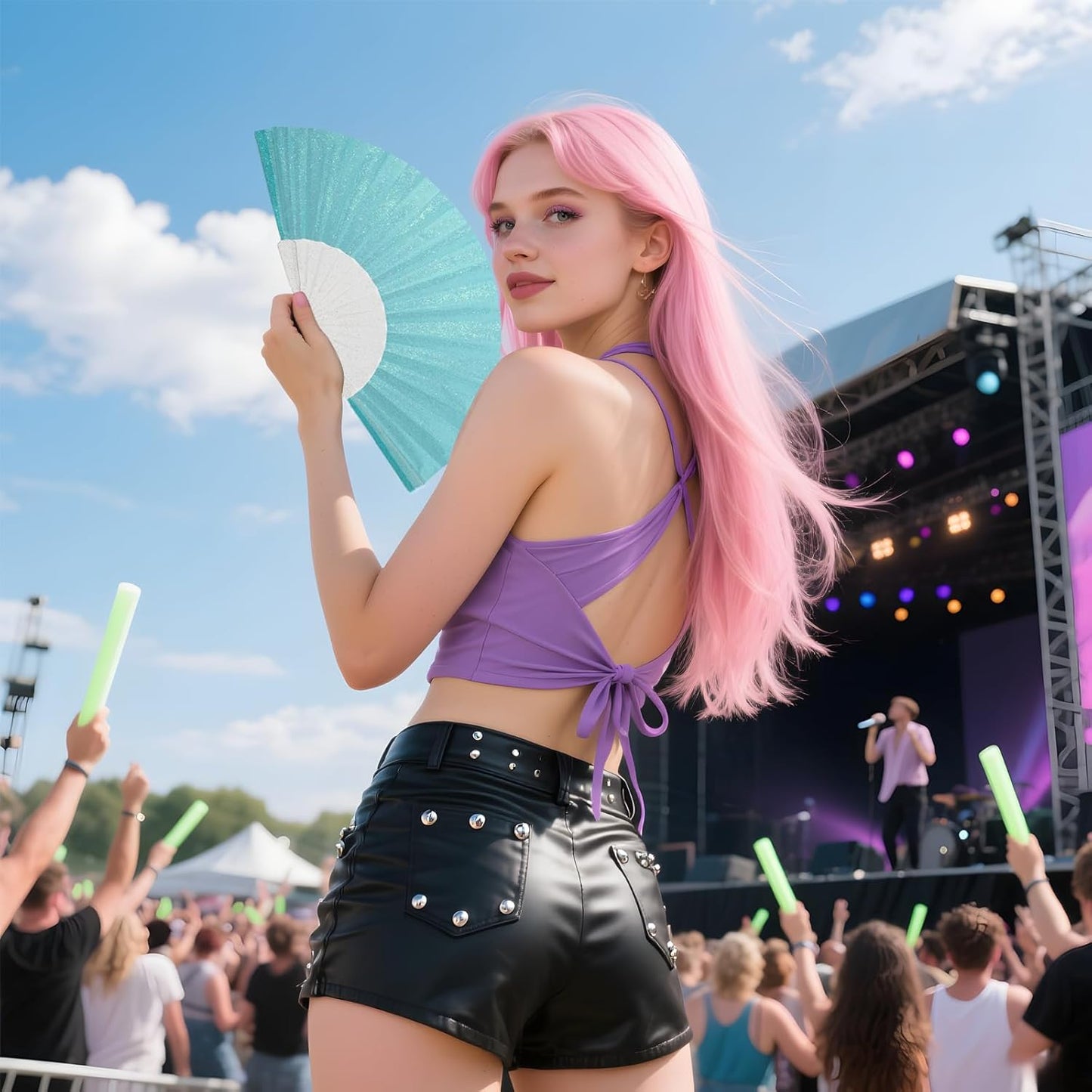 24 Pack Handheld Fan,Folding Hand Glitter Fan with Shining Transparent Fan Rib – Ideal for Wedding, Church, Festival, Dance, Tea Party, Club, and EDM Accessories, Sky Blue