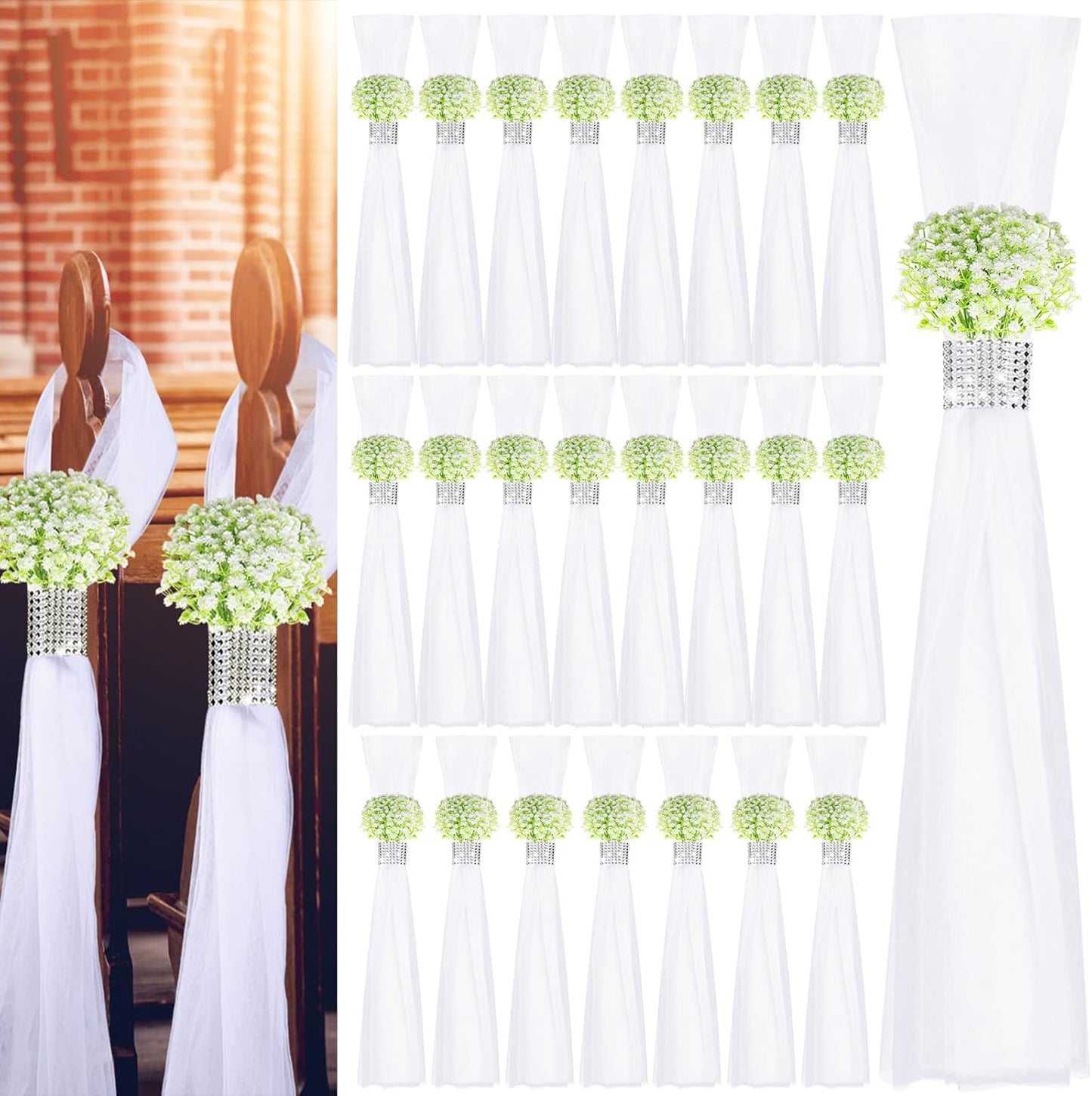 Olgaa Wedding Aisle Decorations for Ceremony Set of 24 Wedding Chair Pew Flowers Church Decorations with Artificial Baby’s Breath and Rhinestone for Weddings Party Bench Aisle (Baby’s Breath)