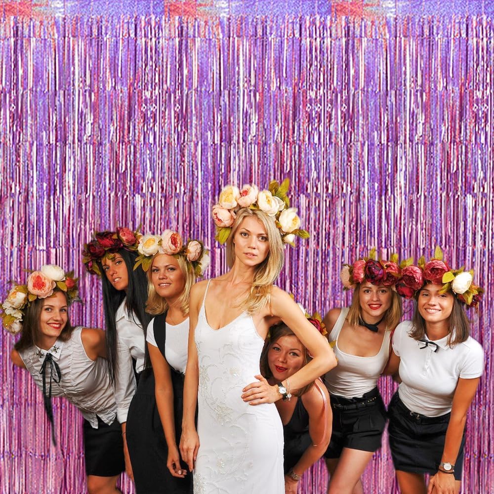 TONIFUL 3Pcs Laser Light Pink Door Streamers,Laser Pink Photo Booth Backdrop Metallic Streamers Pink Foil Fringe Curtains for Birthday,Christmas,New Year,Bachelorette,Grad Party(9.9ft x 6.6ft)