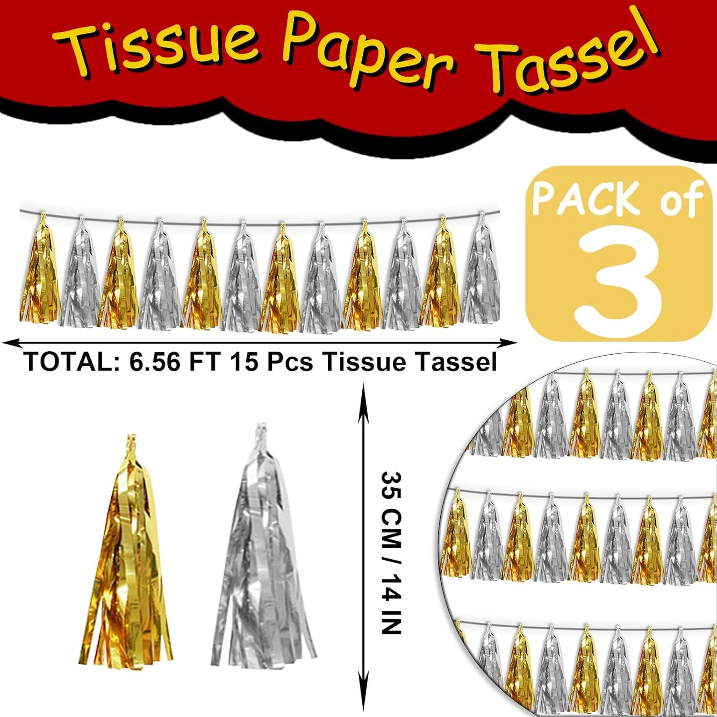 3P Gold Silver Metallic Fringe Tassel Banner Garland Foil Tinsel Streamer Wall Hanging Curtain Backdrop Banner for Parade Floats, Graduation Decorations, Father' Day, Halloween, Christmas Decorations