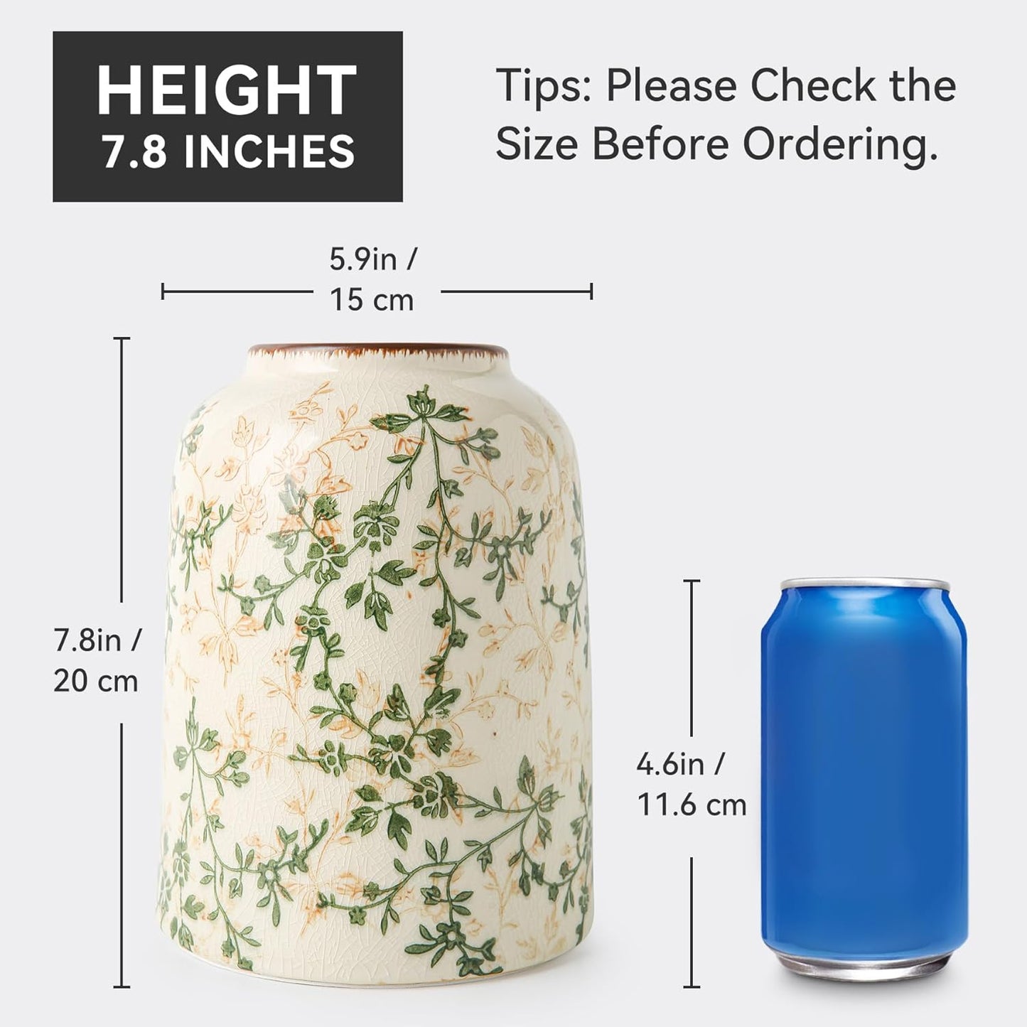 Green Vintage Vase, Chinoiserie Floral Vases, Retro Ice Cracked Ceramic Large Vases for Home Decors, Living Room, Bookshelf, Office, Grand Millennial Decor, Chinoiserie Decors, Tuscan Decor 7.8 Inch