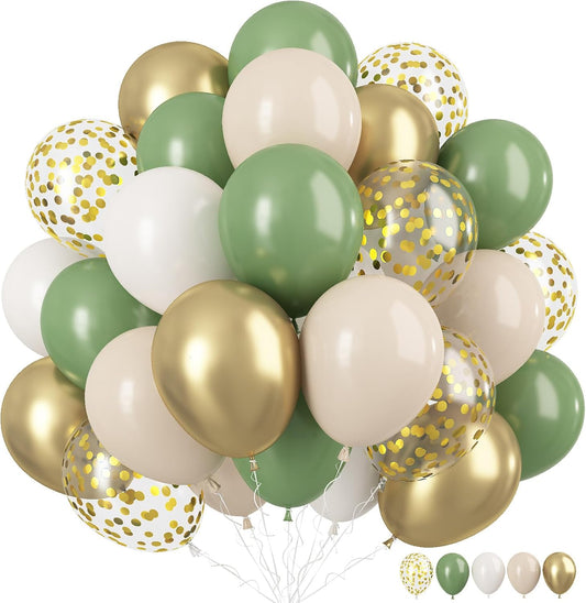 Sage Green Gold Balloons, 12 Inch Green White Metallic Gold Balloons, Olive Sand White Balloon Golded Confetti Latex Balloon for Birthday Wedding Baby Shower Party Decoration