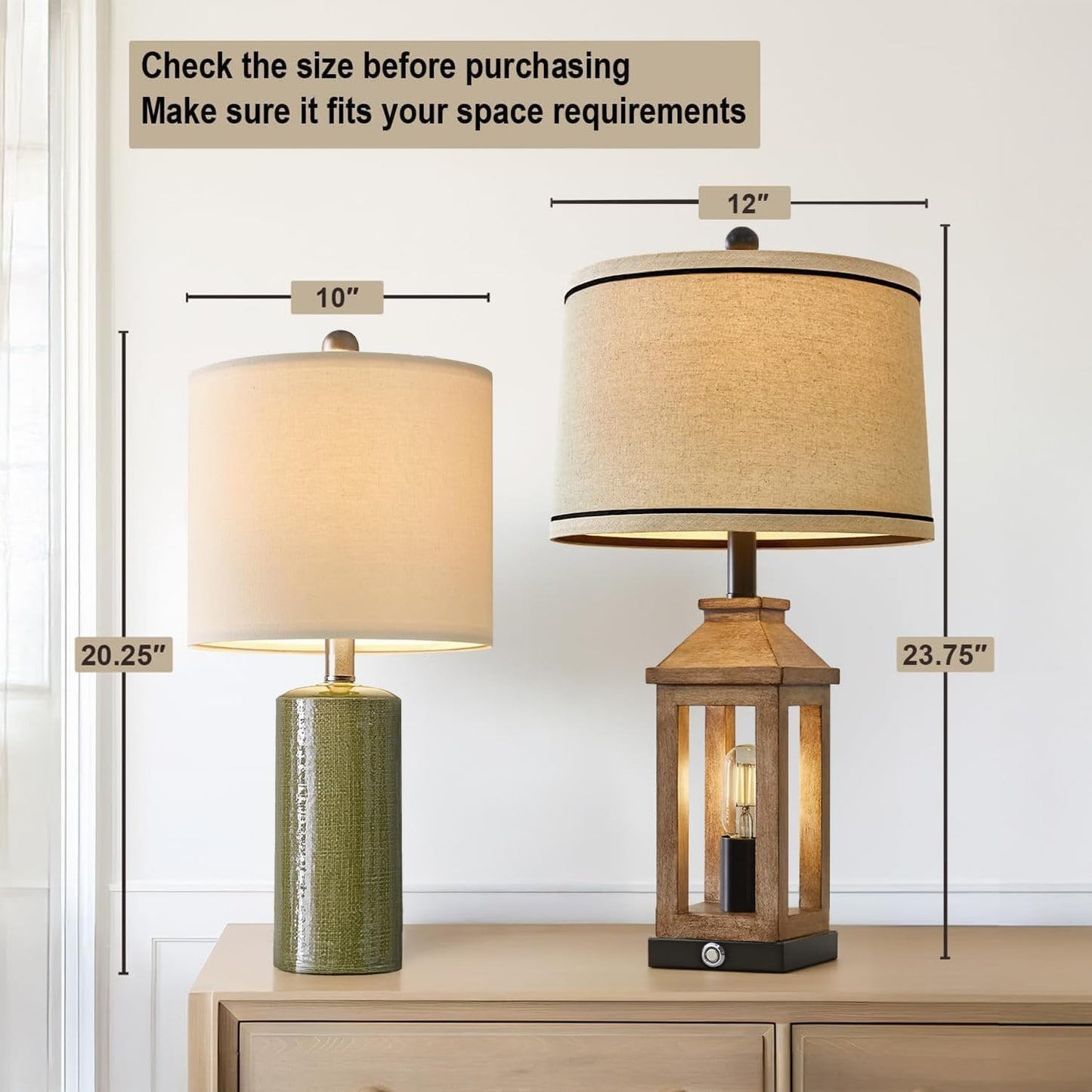 20.25" Small Table Lamps Set of 2 Modern Ceramic Lamps for Living Room Farmhouse Bedside Lamps Boho Lamps for Night Stands Green Bedroom Lamp Side Table Lamps End Table Lamp