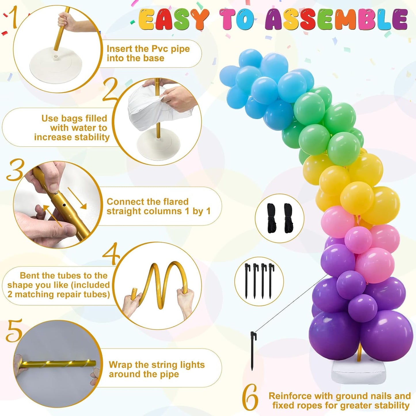 OurWarm Balloon Arch Kit with LED Lights, 9.35FT & 6FT Free Bending Half Balloon Arch Stand with Base, Gold Backdrop Stand for Wedding Birthday Party Baby Shower Yard Lawn Graduation Decorations