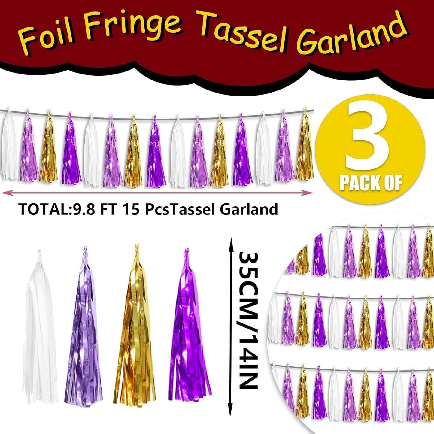 3P Metallic Fringe Tassel Banner Garland Foil Tinsel Streamer Wall Hanging Curtain Backdrop Banner for Parade Floats, Graduation, Carnival Mardi Gras Party Decorations(Gold Purple)