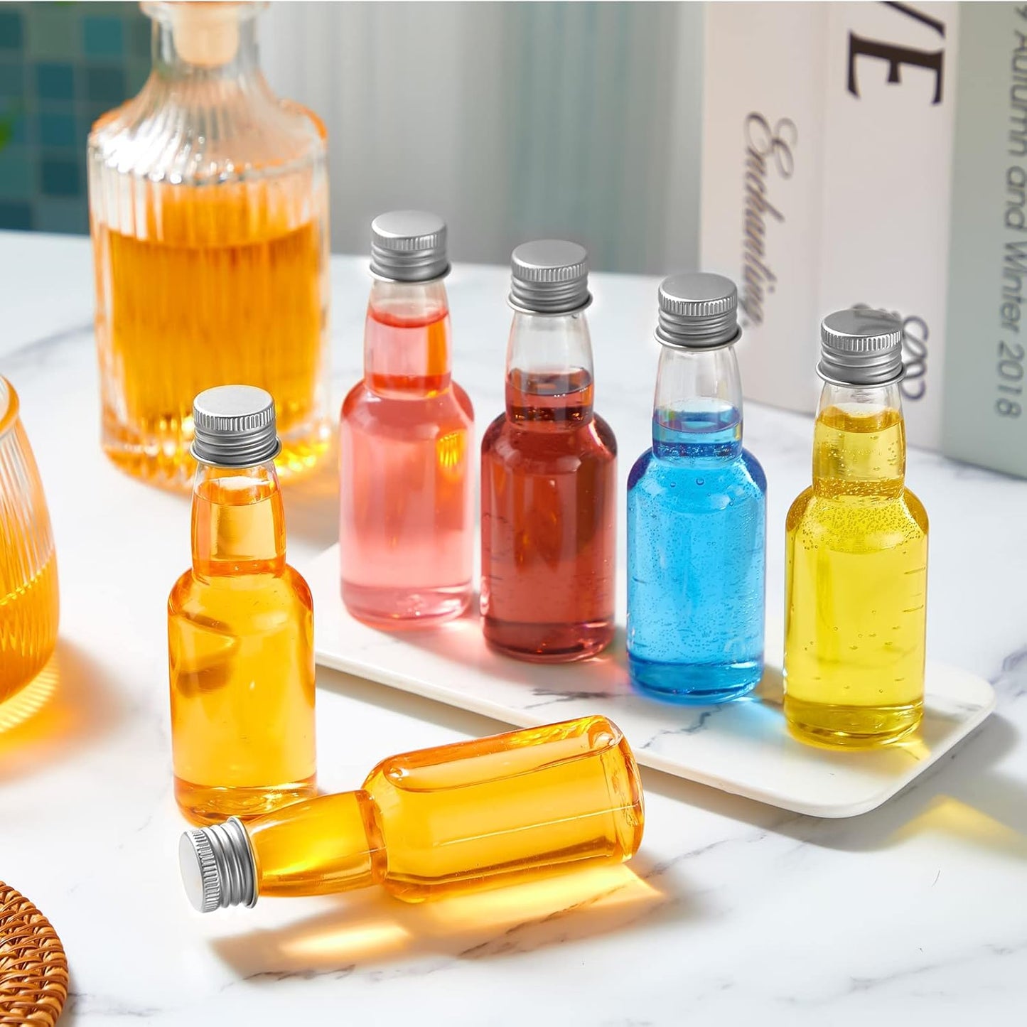 120 Pcs Mini Liquor Bottles Airtight Shot Miniature Empty Plastic Alcohol Spirit Shot Bottles with Funnels for Party Favors, Weddings(2 oz,Silver)