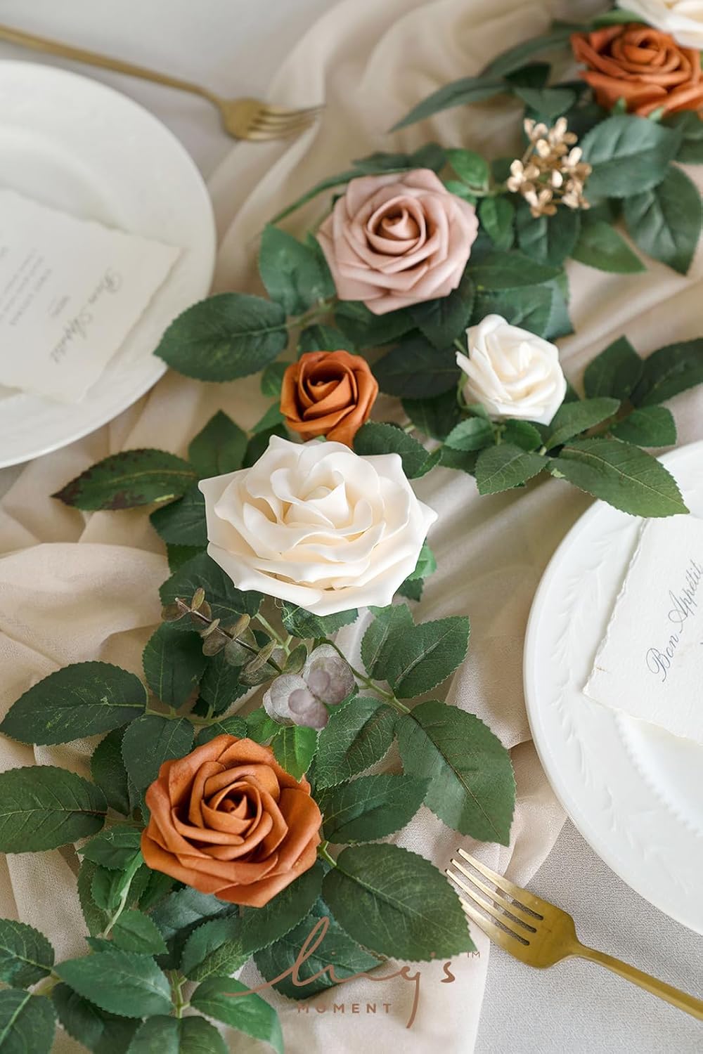 Ling's moment 5FT Artificial Flower Garland Rust Rose Leaves Floral Garland Ivory Arch Flowers Vine for Wedding Party Backdrop Decor Mantel Home Table Centerpieces Wall Decorations Terracotta