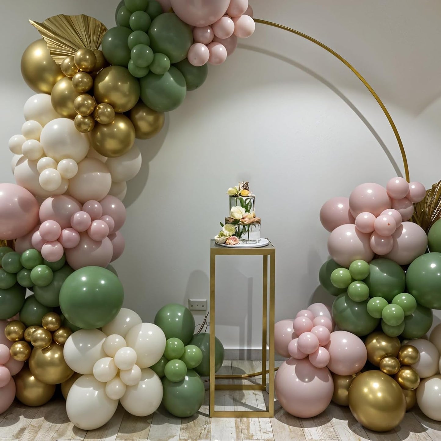 Pink and Green Balloons, 12 Inch Retro Sage Green Pink Nude Metallic Gold Confetti Balloons with Heart Foil Balloon for Girls Jungle Woodland Birthday Safari Baby Shower Party Decorations