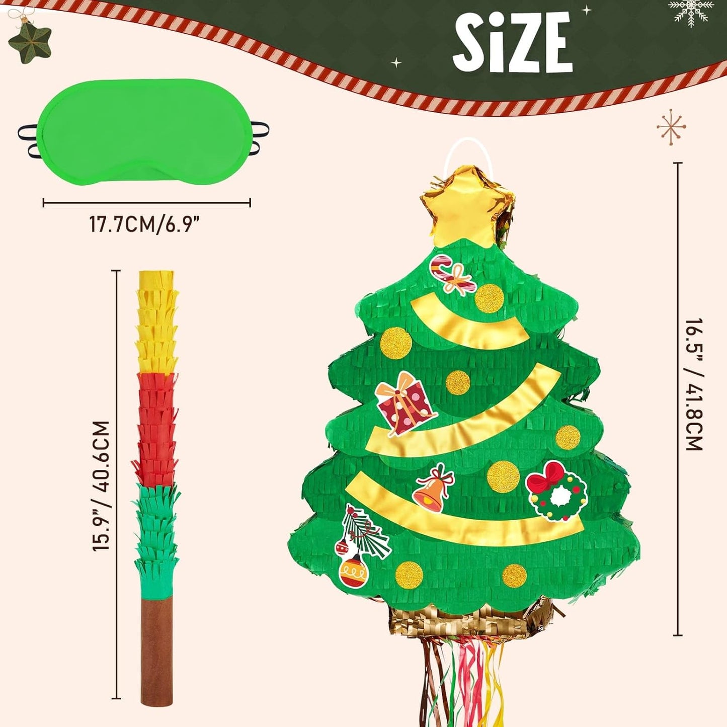 WERNNSAI Christmas Tree Pinata - Christmas Decorations XmasTree Party Game for Kids Festival Party Decor Supply Green Tree Design Merry Xmas Favor Pull String with Blindfold Bat 16.5” x 12.4”