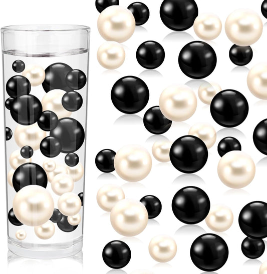 100PCS Black White Faux Pearls Beads for Centerpiece Vases, Vase Filler Faux Pearls, No Holes Filler Beads for Party Anniversary Birthday Wedding Table Decor, 14/20/30mm