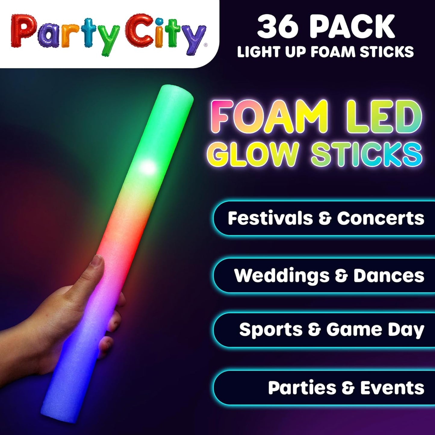 Party City 36pk LED Foam Glow Sticks 14”- Glow in the Dark Party Supplies Favors, Colorful Flashing Wand with 3 Modes, Foam Light Up Sticks Bulk Party Pack for Wedding, Birthday, Concert, Halloween