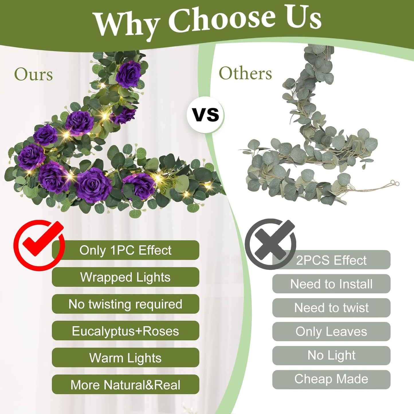 MACTING 2 Pack 13.2FT Eucalyptus Garland with Lights - Spring Gypsophila Flower Garlands with 24 Purple Roses Artificial Floral Greenery Vines for Arch Table Centerpieces Backdrop Party Wedding Decor