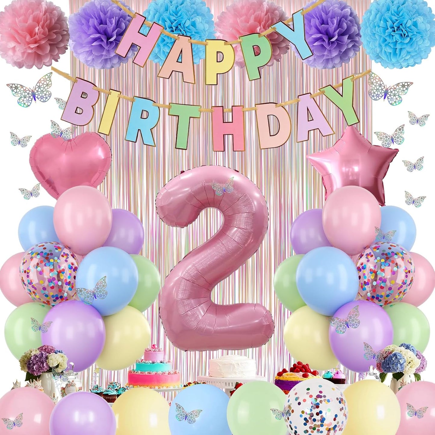 Pastel 2nd Birthday Party Decorations for Girls Number 2 Balloon Happy Birthday Banner Butterfly Stickers Fringe Curtain Paper Pom Poms Macaron Pink Star Foil Colorful Balloons Baby 2 Year Old Decor