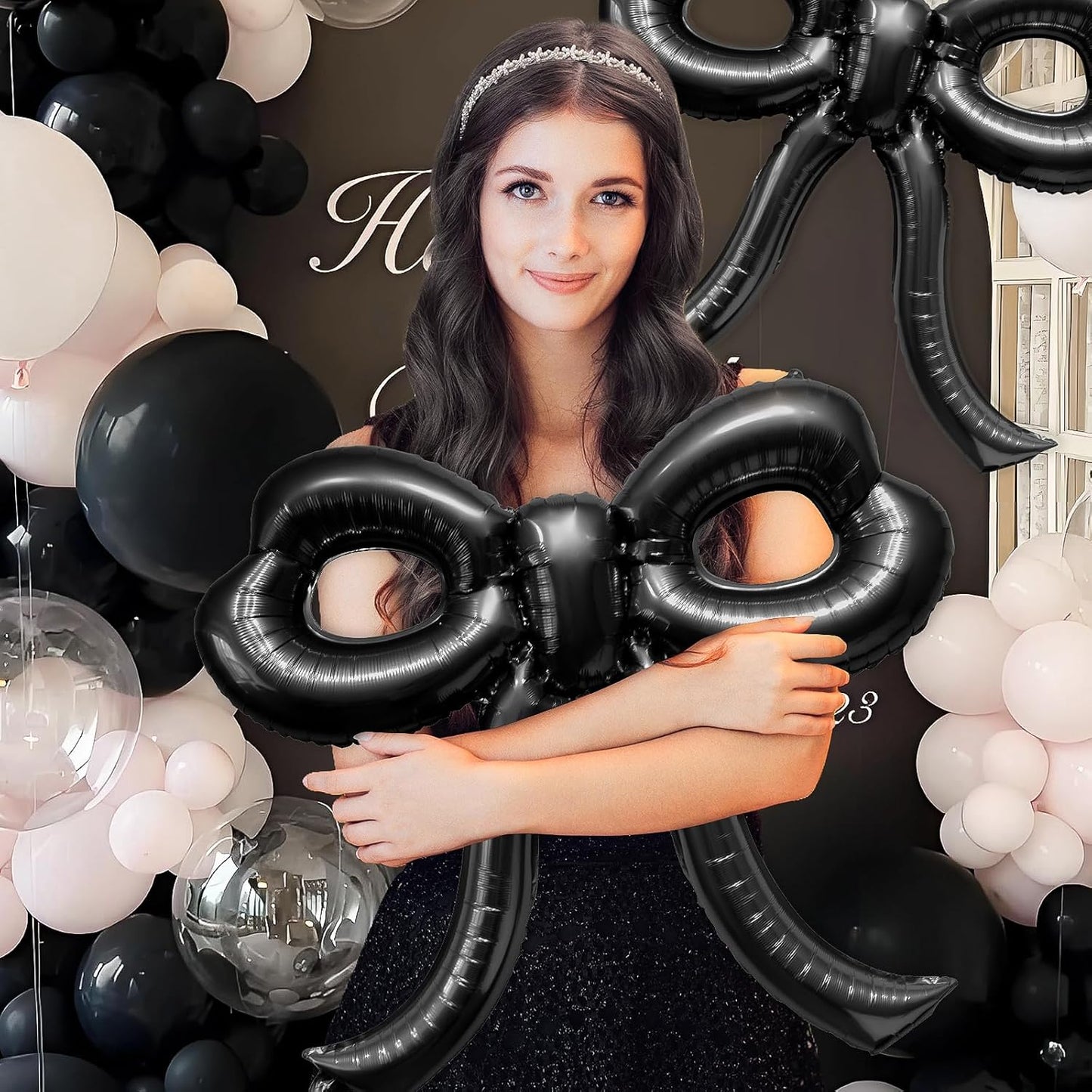 4 Pcs Bow Birthday Decorations Black Bow Balloons Bow Party Decorations Giant Foil Balloon for Girl Women Baby Shower Bridal Engagement Wedding Decor Bachelorette Party Supplies
