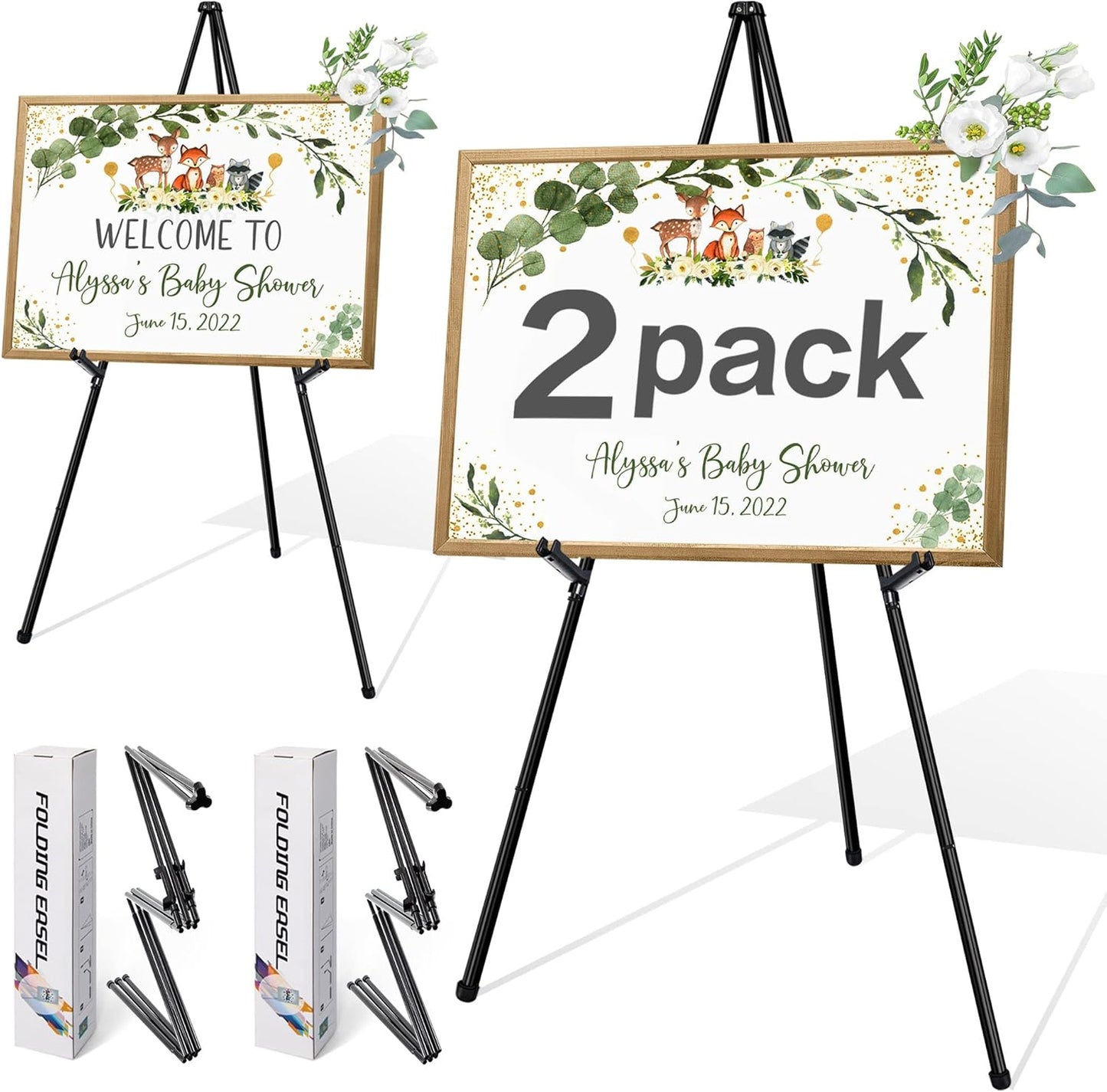 63" Display Easel Stand - 2Packs Art Easels for Wedding Sign Poster Stand Folding Floor Adjustable Metal Black Easel Instant Tripod Easel for Painting Wedding Welcome Sign Stand