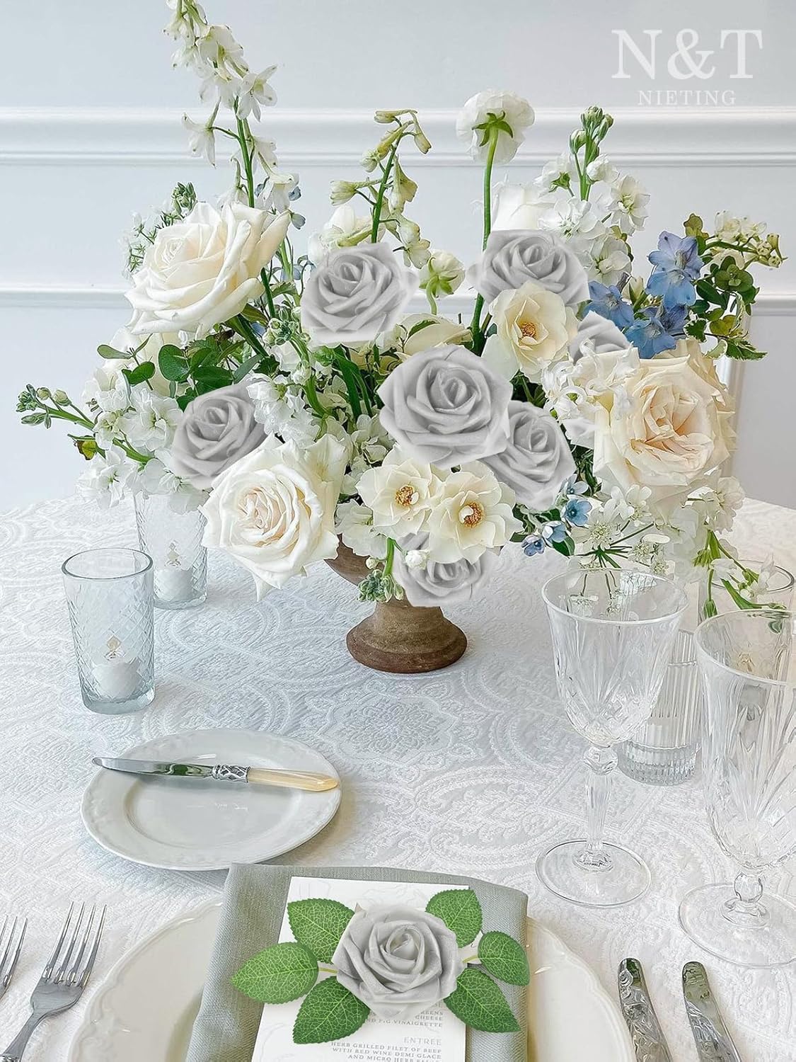 N&T NIETING Artificial Flowers, 50pcs Fake Flowers Roses with Stem for DIY Wedding Bouquets Centerpieces Bridal Shower Party Home Decoration, Silver White