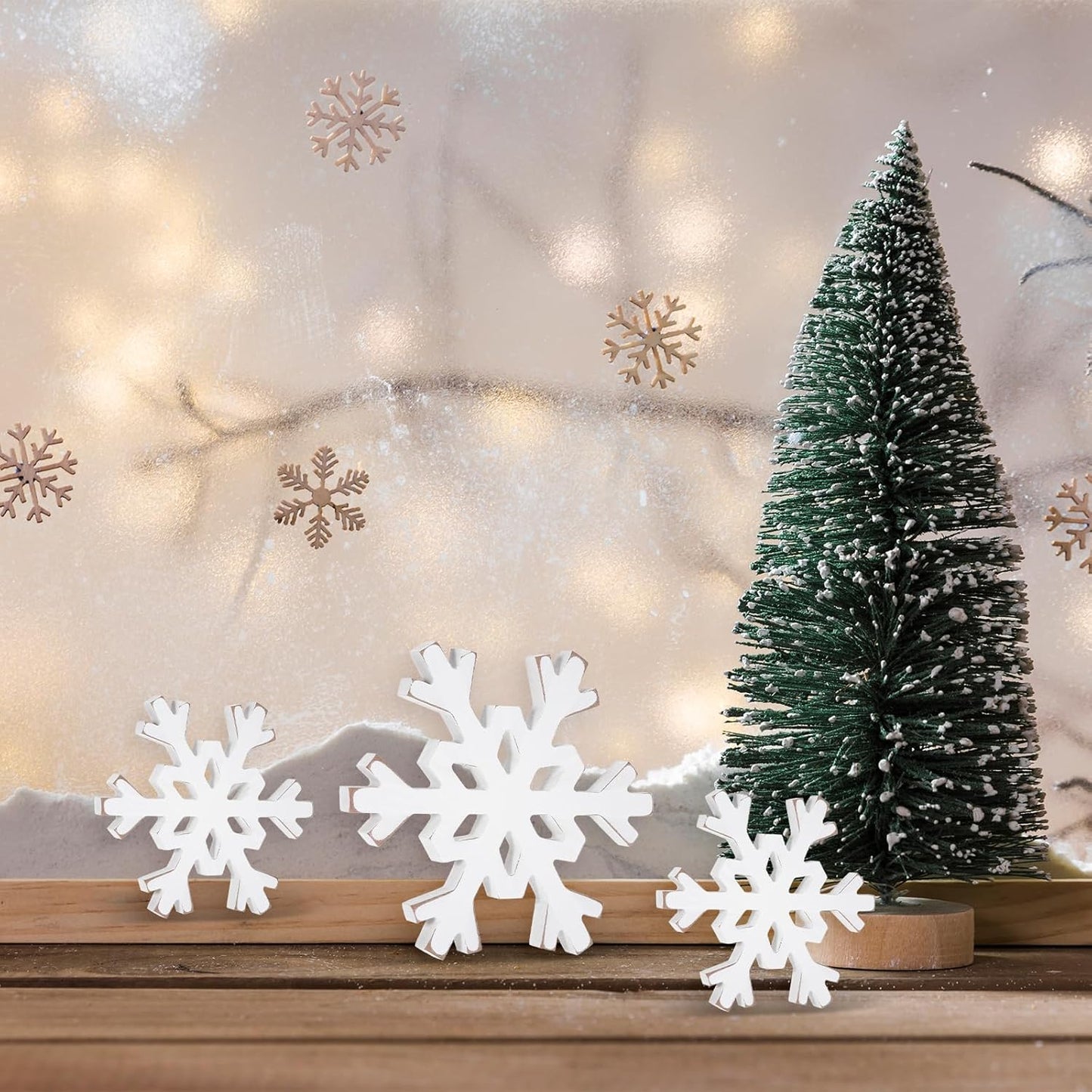 Snowflake Decorations Christmas Decor 6Pcs Winter White Wooden Snowflakes Standing Christmas Tiered Tray Decor Winter Wonderland Decorations for Indoor Home Xmas Table Shelf Fireplace Mantel