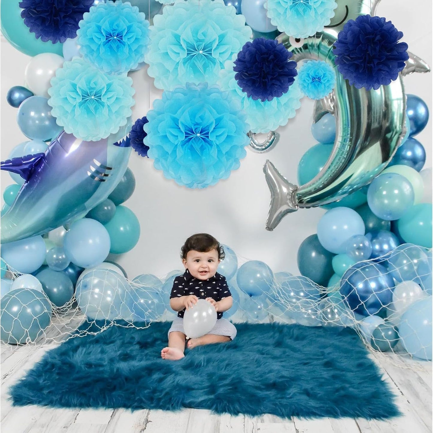 Tissue Paper Pom Poms, Blue Tissue Paper Flowers, Hanging Flower Balls for Weddings Fiesta Parties Birthday Baby Showers Classroom Bridal Shower Decoration (18Piece Set-6/10/12/14Inch)