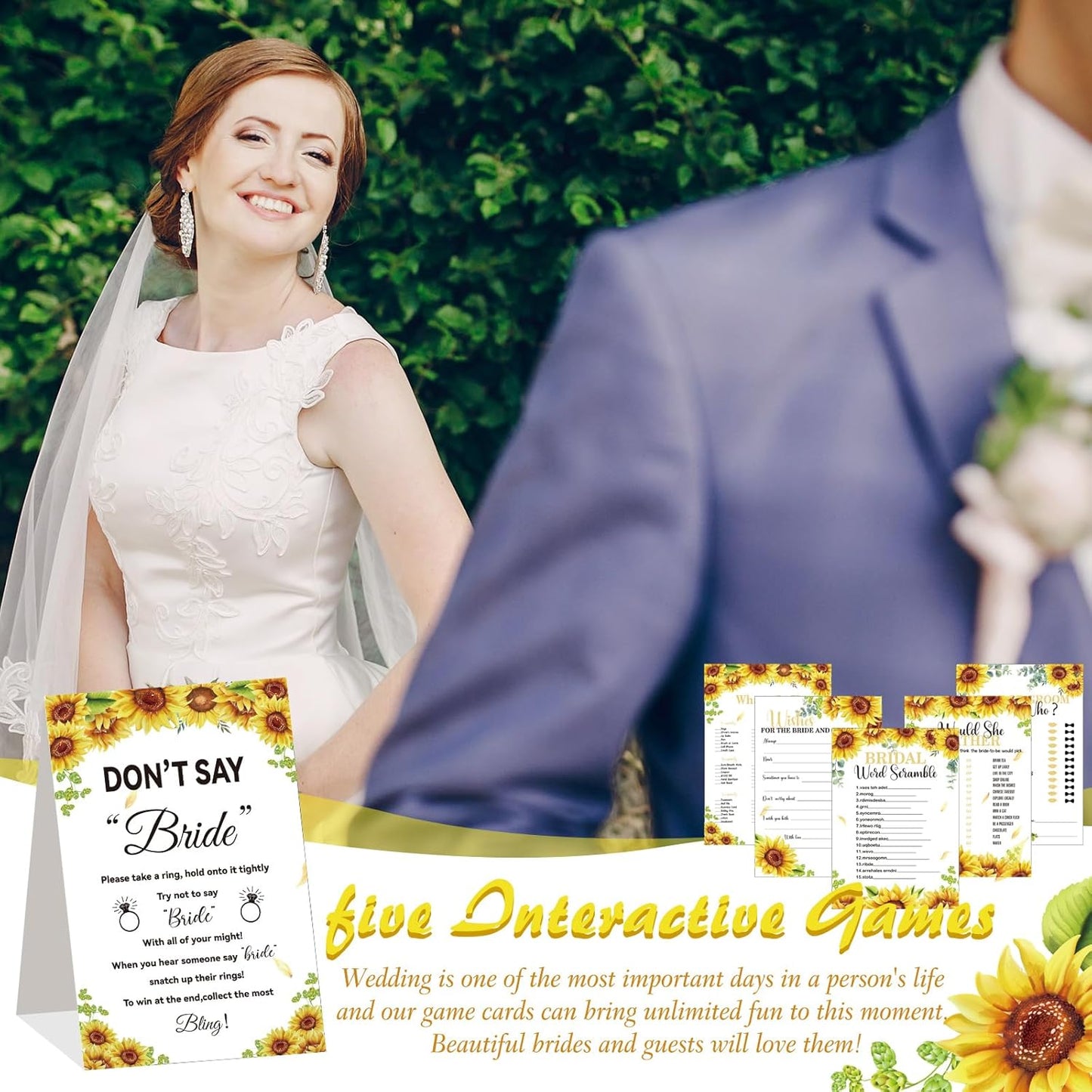 Estune 331 Pcs Bridal Shower Games Supplies, 5 Sets 250 Pcs Wedding Cards 1 Put a Ring on It Bridal Shower Games with 60 Rings and 20 Pencils(Sunflower Style)