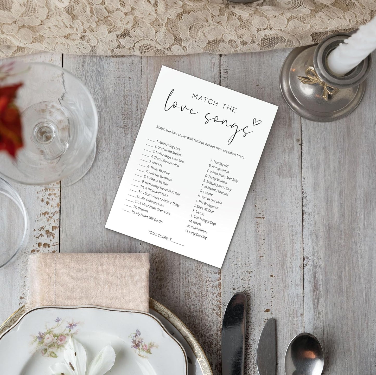 Bridal Shower Games, Match the Love Songs, 25Pcs Minimalist White Double-Sided Bridal Game Cards with 1 Answer Key, Wedding Shower Games for Guests, Engagement Bachelorette Party Supplies - A02