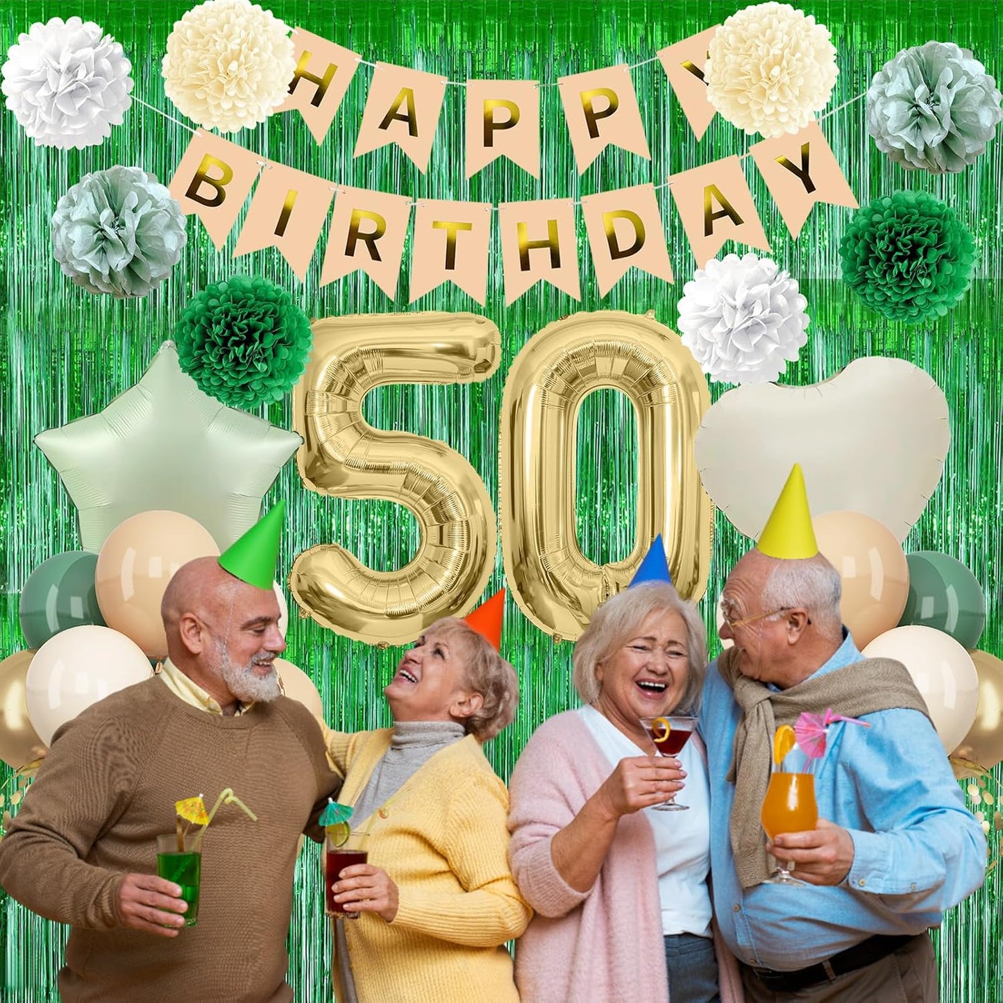 Sage Green 50th Birthday Decorations for Men Gold Number 50 Balloon Nude Gold Happy Birthday Banner Fringe Curtain Paper Pom Poms Olive Green Cream White Sand Star Foil Balloons Party Decor