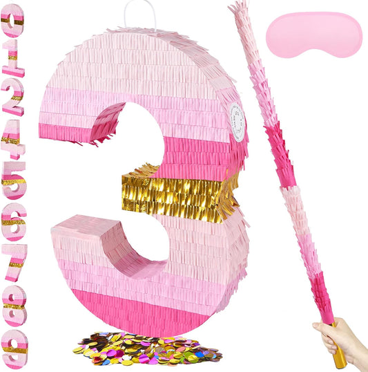 PCFING 20 Inch Number 3 Piñata Pink Gold with 30 Inch Piñata Stick Blindfold Confetti for Boys Girls Adults Birthday Party Decorations, Anniversary Celebration, Fiesta