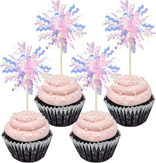 Gyufise 30Pcs Foil Firework Cupcake Toppers Sparkle Tinsel Cake Toppers Tinsel Drink Cake Decoration Cocktail Picks for Birthday Wedding Graduation Party Supplies Pink