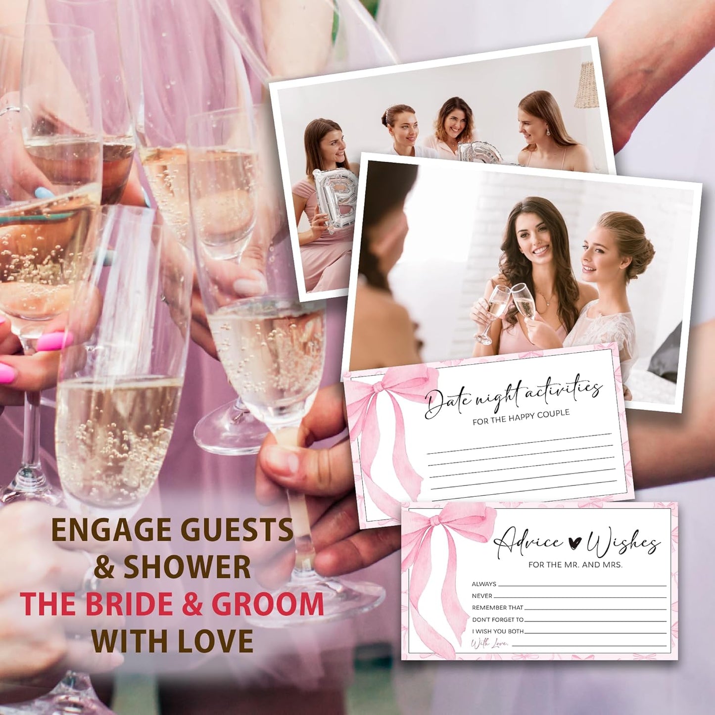 Pink Bow Advice and Wishes for the Mr and Mrs - 50 Packs Wedding Advice Cards Bridal Shower Game Cards with Box Reception Guest Book for Bride Groom Newlywed Engagement Party Decoration -A06