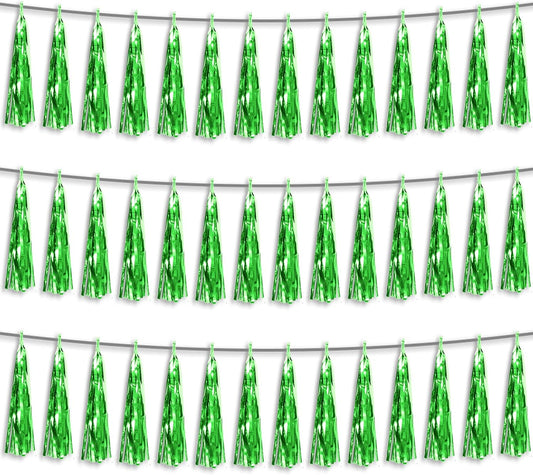 3P Green Foil Fringe Metallic Tassel Streamers Banner Tassel Garland for Parade Floats, Bachelorette, Wedding, Birthday, Halloween, Christmas, Bridal/Baby Shower Party Decorations