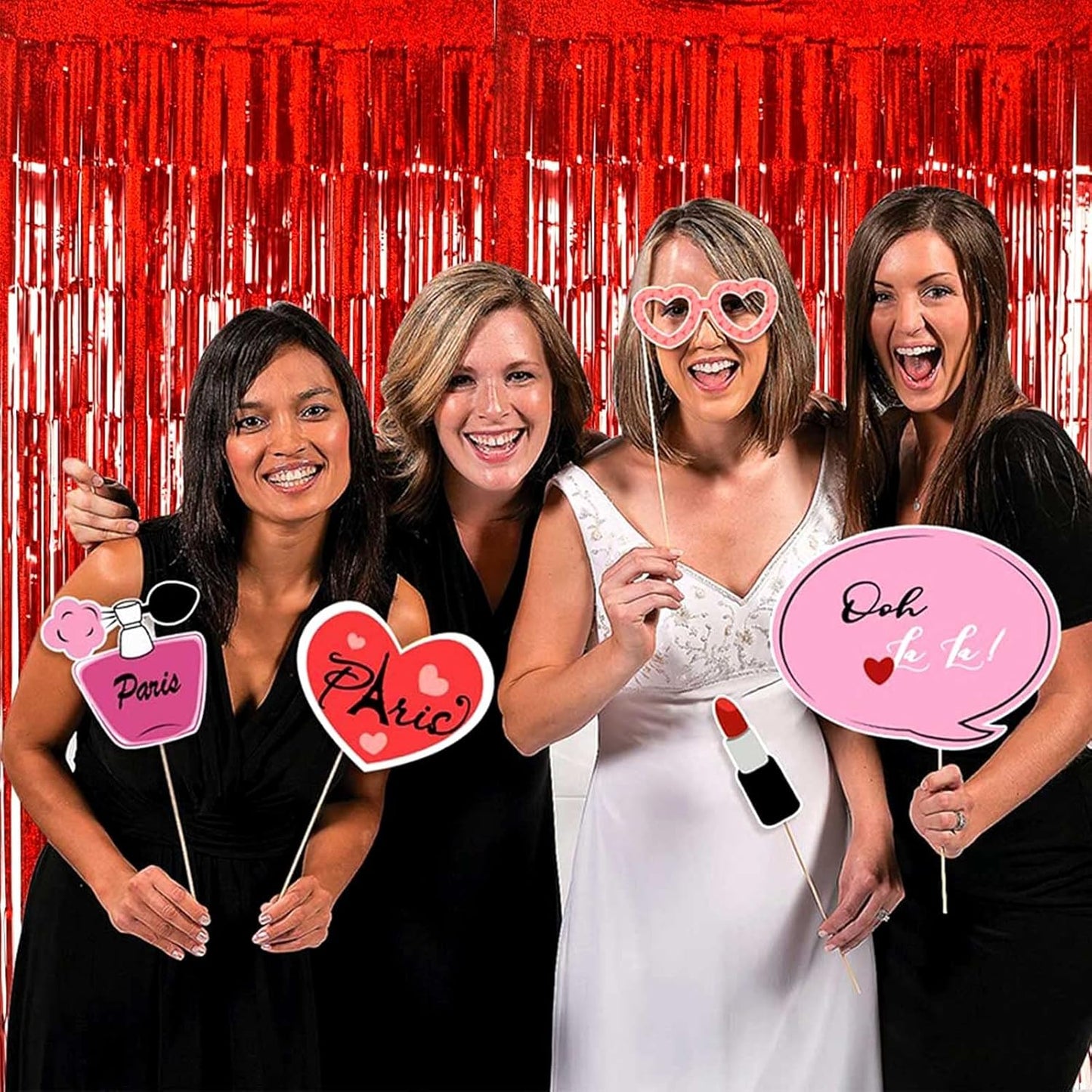 4 Pack Red Tinsel Foil Fringe Curtain Backdrop, 3.28Ft x 8.2Ft Metallic Streamers for Photo Booth Props Wedding Bridal Shower Bachelorette Birthday Halloween Christmas Party Decoration