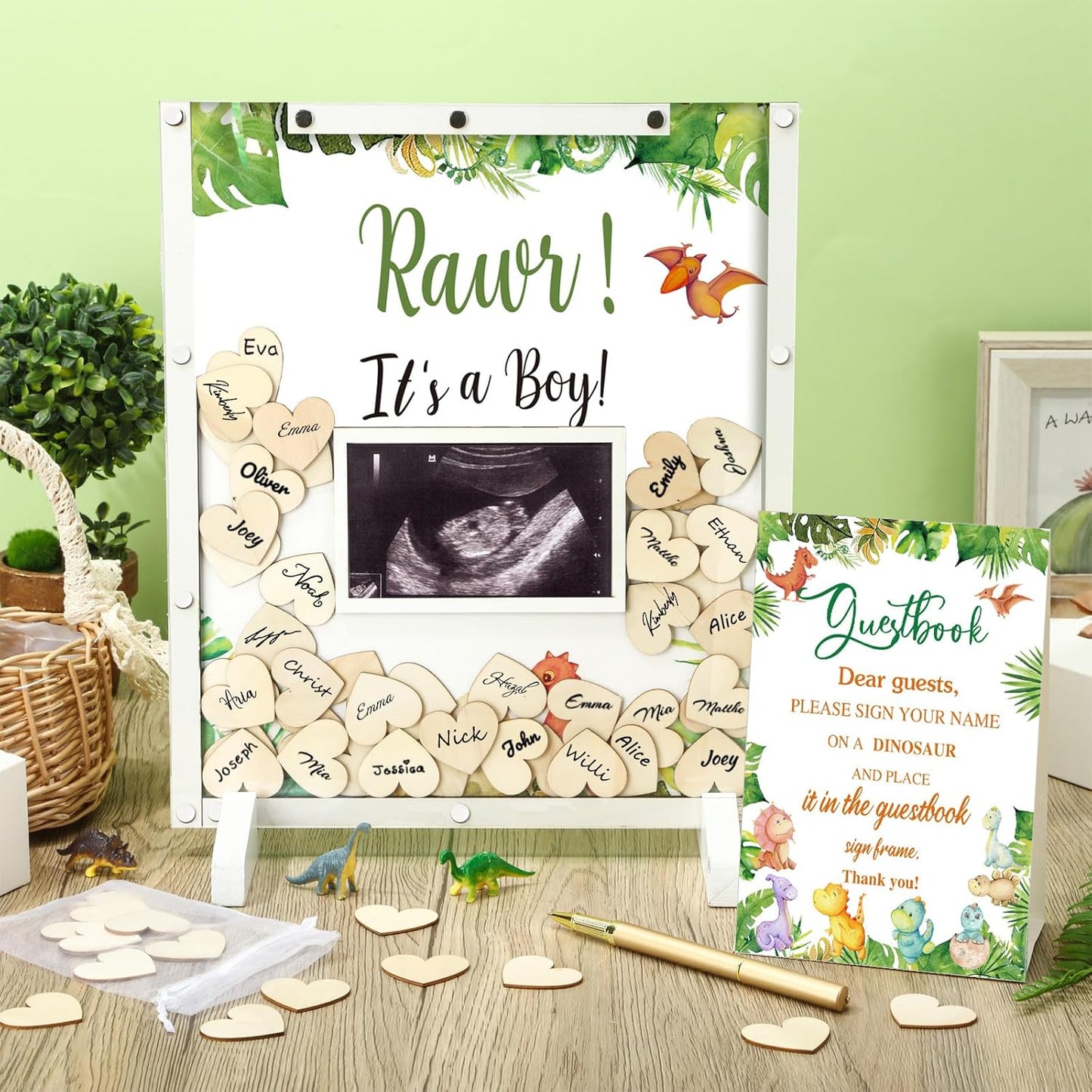 65 Pcs Dinosaur Baby Shower Guest Book Alternatives He or She Gender Reveal Baby Shower Decorations Sign in Guest Book with Picture Frame and 60 Wooden Chip