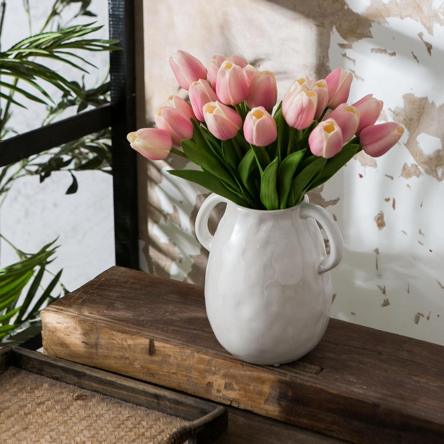 White Ceramic Vase with 2 Handles for Modern Farmhouse Home Decor, Vintage Rustic Decorative Vases, Small Vase for Fresh and Dried Flowers, Centerpiece Table Decorations, 7 Inch