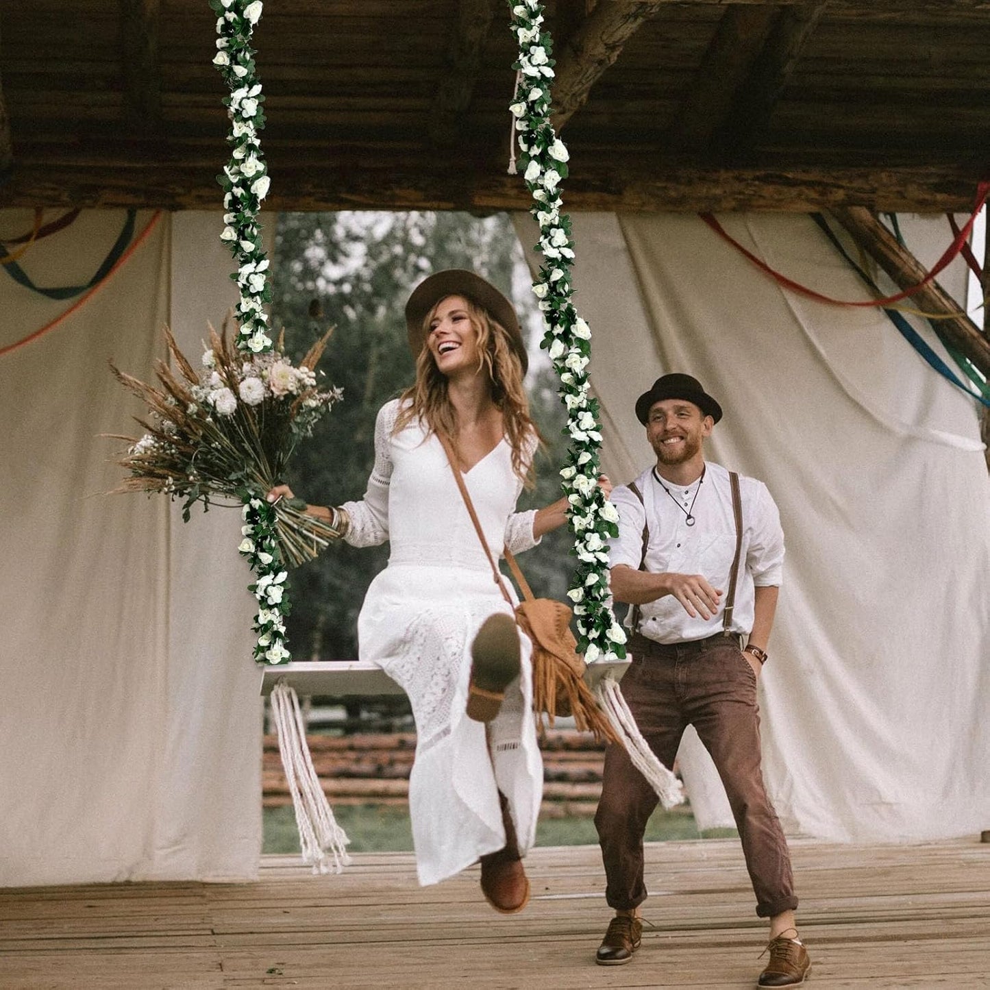 16Pcs 126Ft White Rose Garland, Fake Rose Hanging Flowers, Artificial Flower Vine, Hanging Floral Vine Garland for Wedding, Birthday Party, Wall Arch, Halloween, Christmas Garden Backdrop Decor