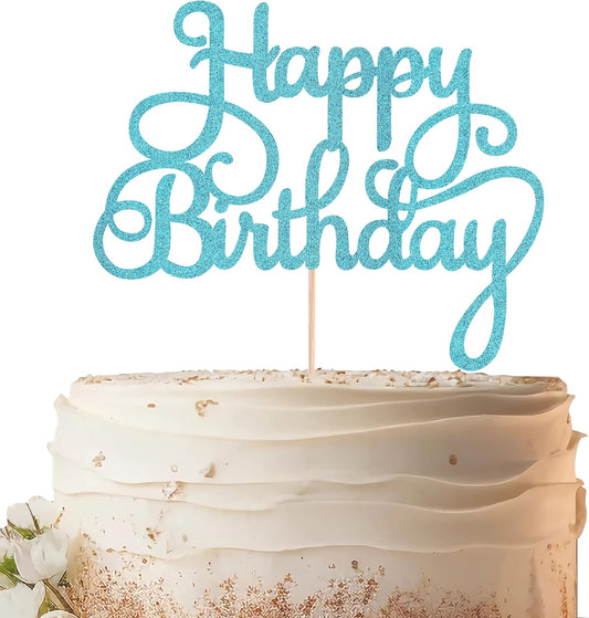 Happy Birthday Cake Topper - Sky Blue Glitter Birthday Party Cake Decoration Supplies - Happy Birthday Cake Decor, for Anniversary/Birthday Party Supplies Photo Booth Props