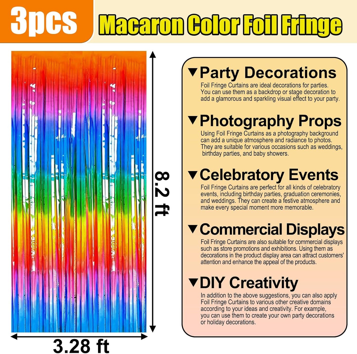 3 Pack Rainbow Foil Fringe Curtain Backdrop, 3.28Ft x 8.2Ft Metallic Tinsel Foil Fringe Streamer Curtains for Photo Booth, Mother's Day, Easter, Birthday, Wedding Party Decorations