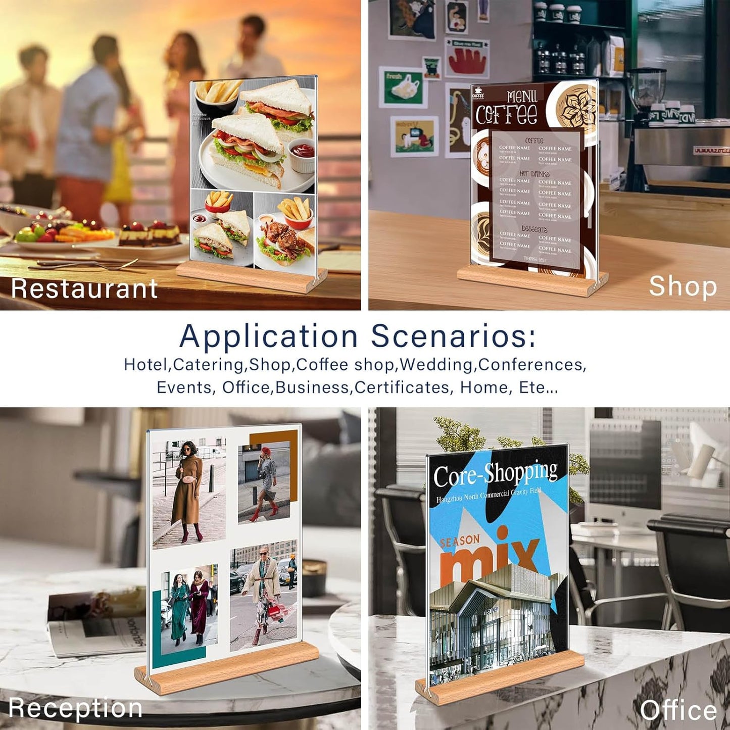 Kersally Acrylic Sign Holder 5 x 7, 6 Pack Double-Sided Clear Table Display Stands with Wood Base,Vertical Acrylic Frame Menu Flyer Paper Holder for Stores, Restaurants, Hotels, Office, Show Fair