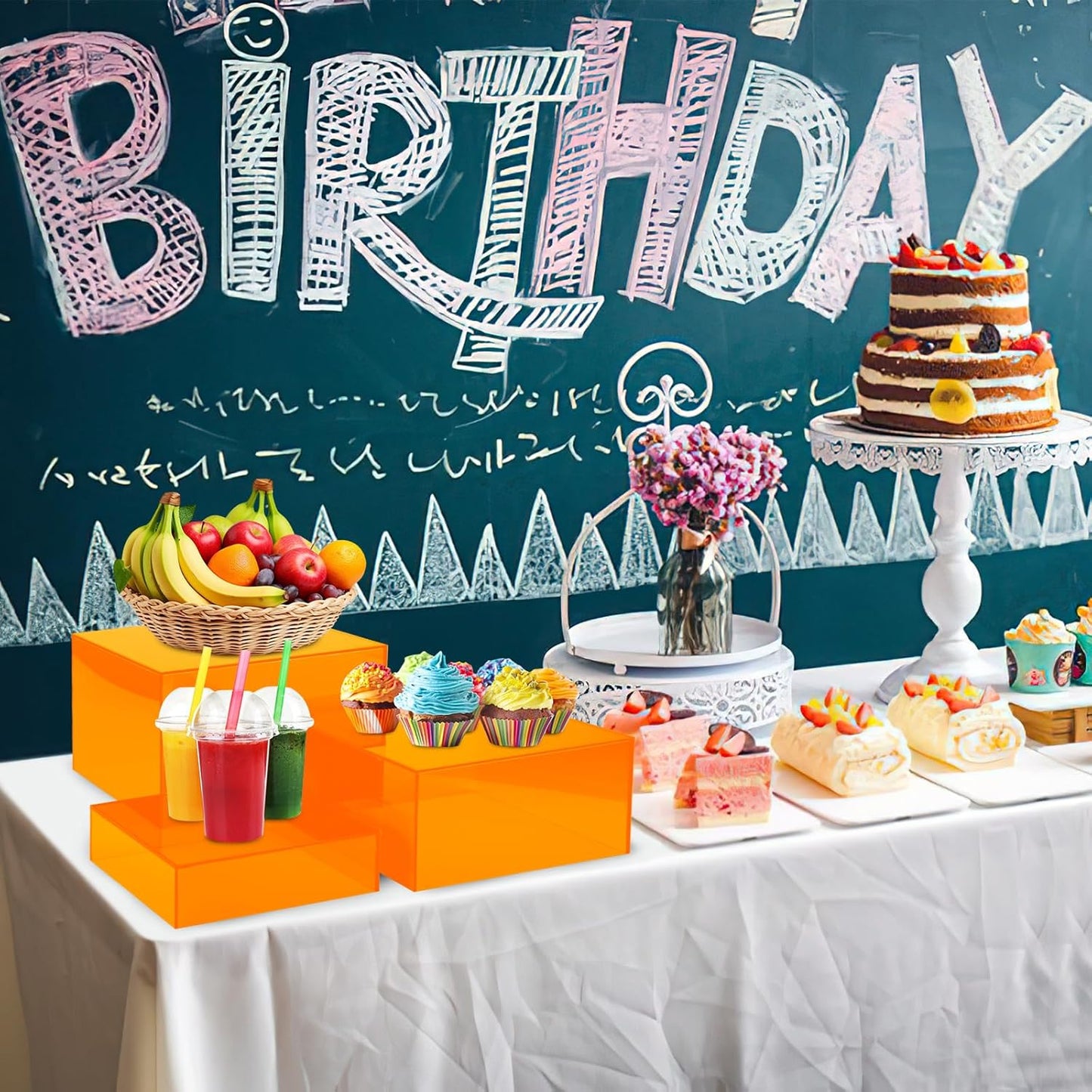 Orange Buffet Risers 3Pcs Acrylic Boxes Display Risers for Buffet Table Parties Weddings Catering Dessert (6''x7''x8'')