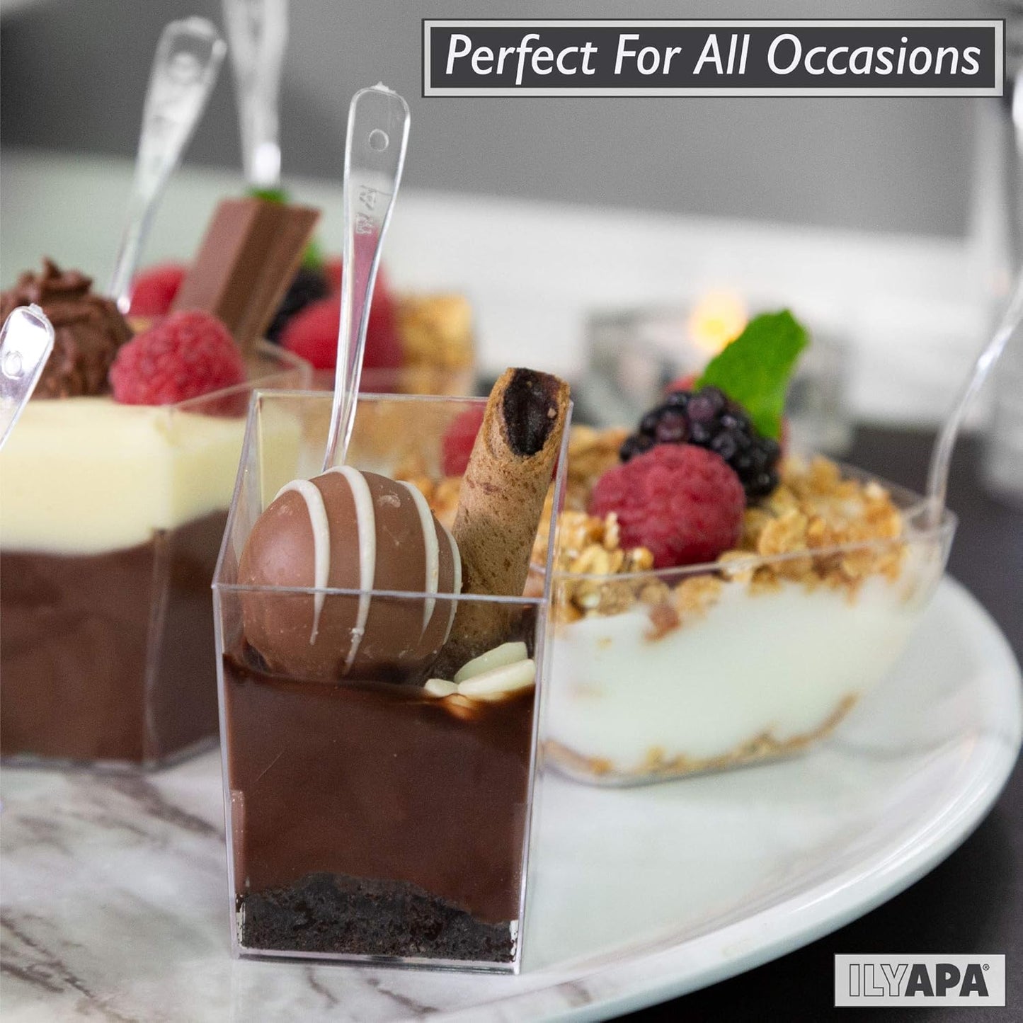 Ilyapa 3oz Plastic Dessert Cups - 100 Pack Mini Dessert Cups with Spoons - Small Clear Reusable for Cheesecake Shooters, Chocolate Mousse, Parfait - Party and Catering Supplies - Slanted