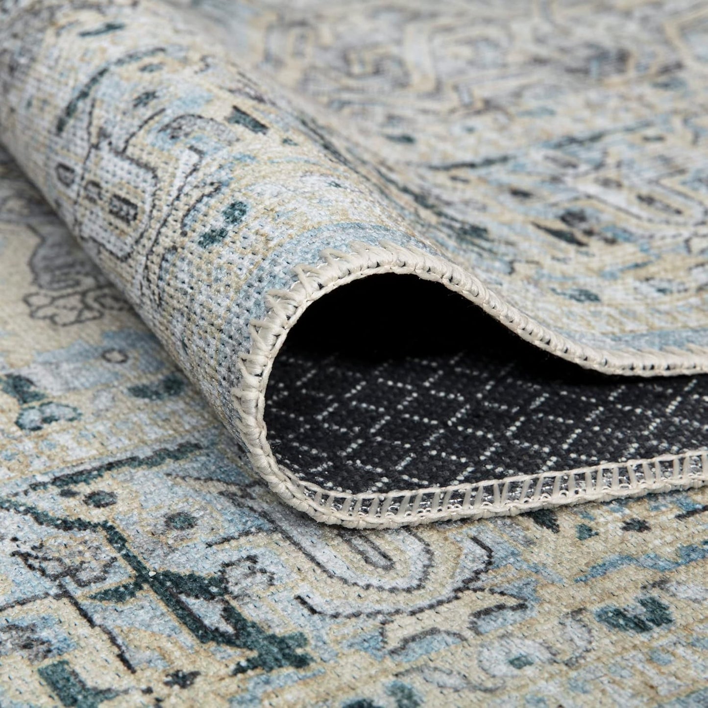 Bloom Rugs Washable Non-Slip 4' x 6' Rug - Cream/Light Blue/Teal Traditional Medallion Area Rug for Living Room, Bedroom, Dining Room, and Kitchen - Exact Size: 4' x 6'