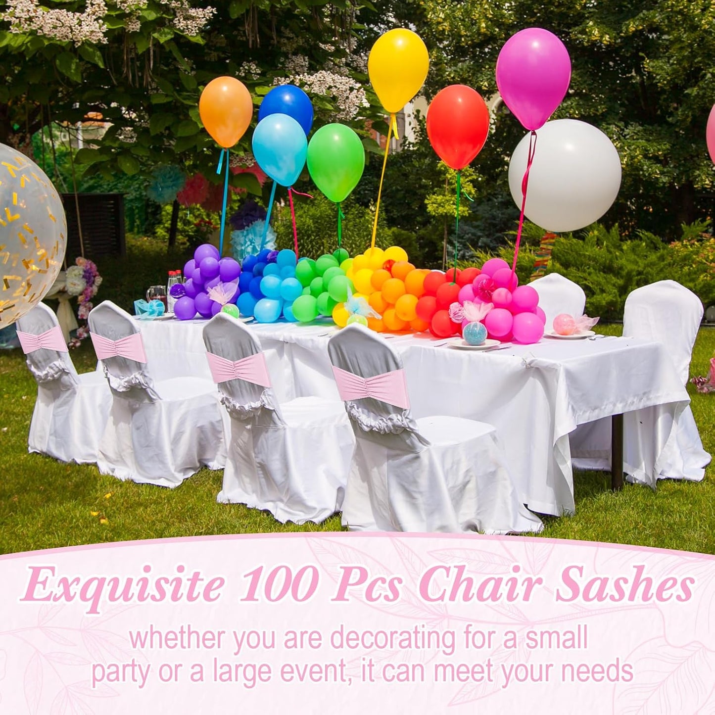 Moukeren 100 Pcs Spandex Chair Sashes Bows Chair Bands Slider Sashes for Chair Covers Elastic Chair Bands Ties Ribbon Chair Decorations for Wedding Party Events Ceremony Birthday Banquet(Light Pink)