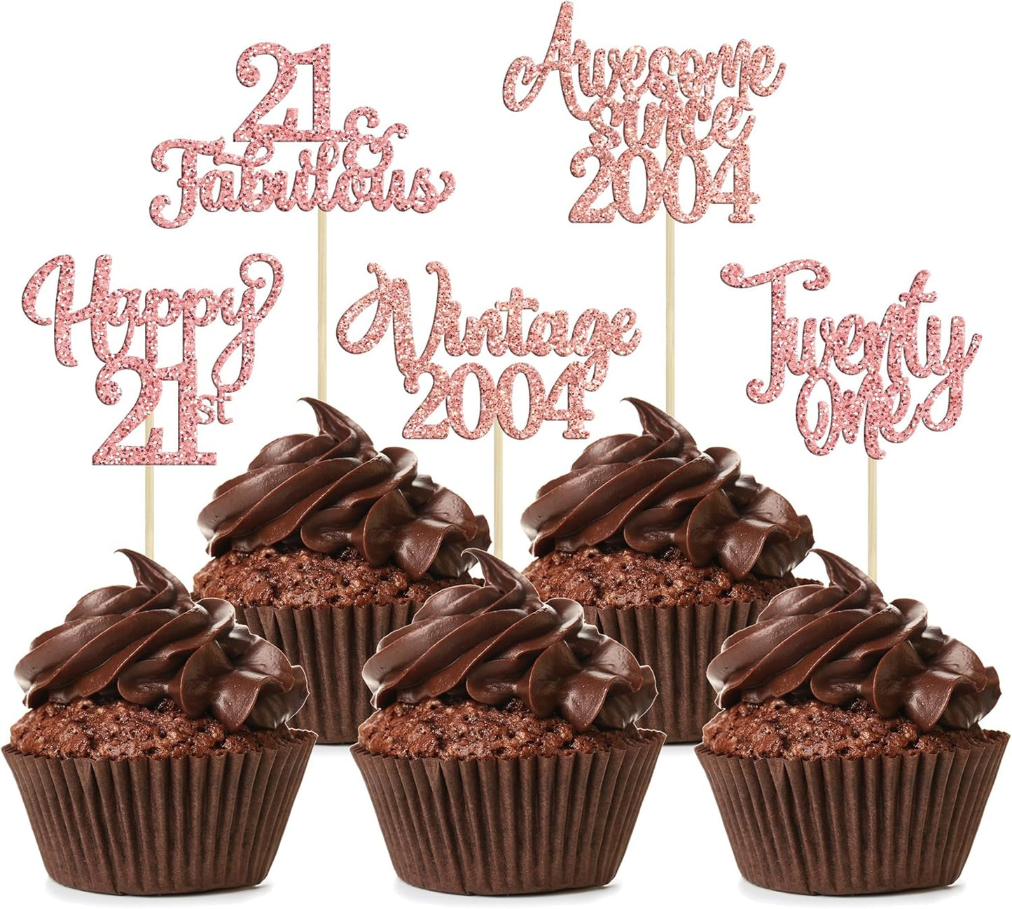 30Pcs Vintage 2004 Cupcake Toppers Glitter Twenty-one 21 Fabulous Happy 21st Birthday Cupcake Picks Cheers to 21 Years for 21st Birthday Anniversary Party Cake Decorations Supplies Rose Gold