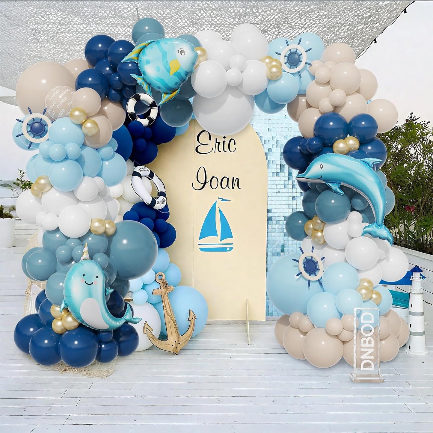 Nautical Balloon Arch Kit,154Pcs Navy Blue Sand White Gold Balloon Garland with Tropical Fish,Whale,Dolphin Foil Balloons for Sea Sailing Nautical Baby Shower Ocean Animals Birthday Party Decorations