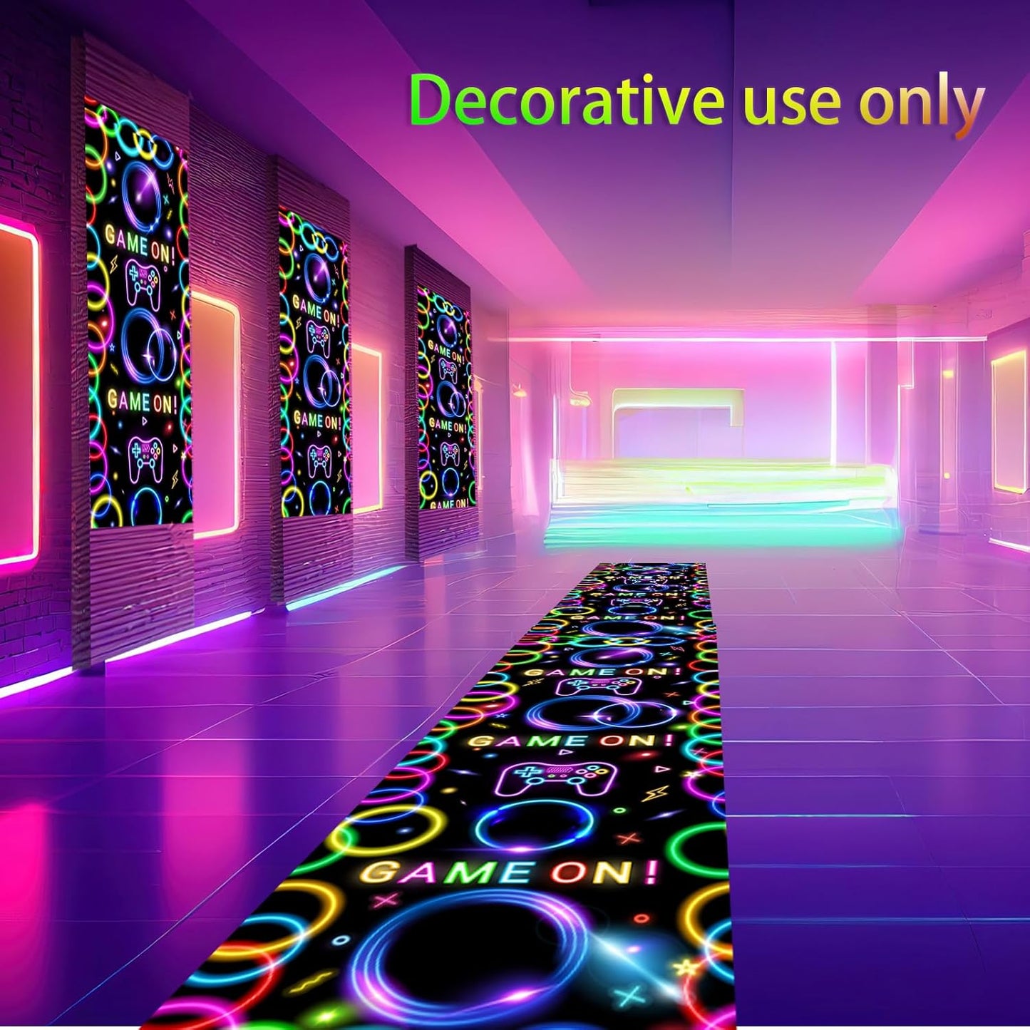 Haull 118 x 39 Inch Neon Light up Dance Floor Glow in The Dark Runner UV Reactive Blacklight Floor Aisle Runner Decor Wall Props for 80s 90s Neon Birthday Party Decorations(Game on)