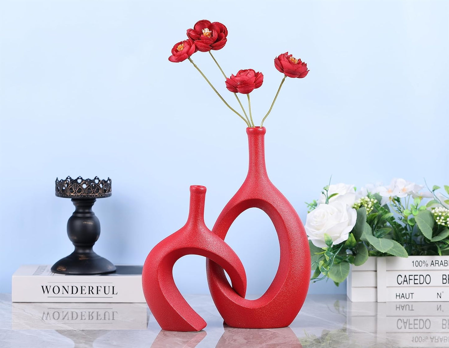 WUBIANJIE Red Ceramic Vase Set - Modern Boho Decor, Snuggle Design, Vases for Living Room, Bedroom, Coffee Table, Fireplace